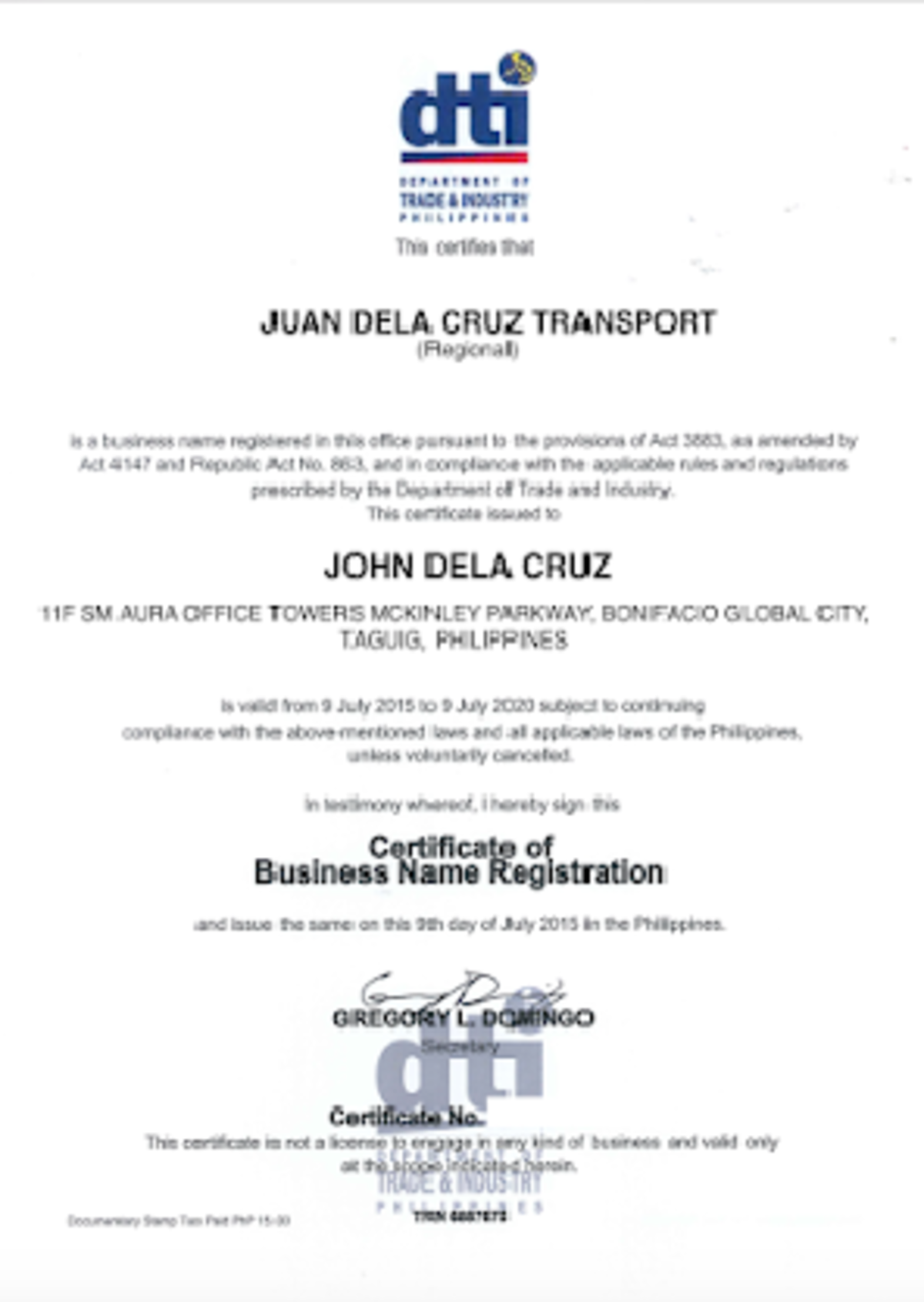 DTI permit - example - dti DEPARTMENT TRADE I INDUSTRY This certifies ...