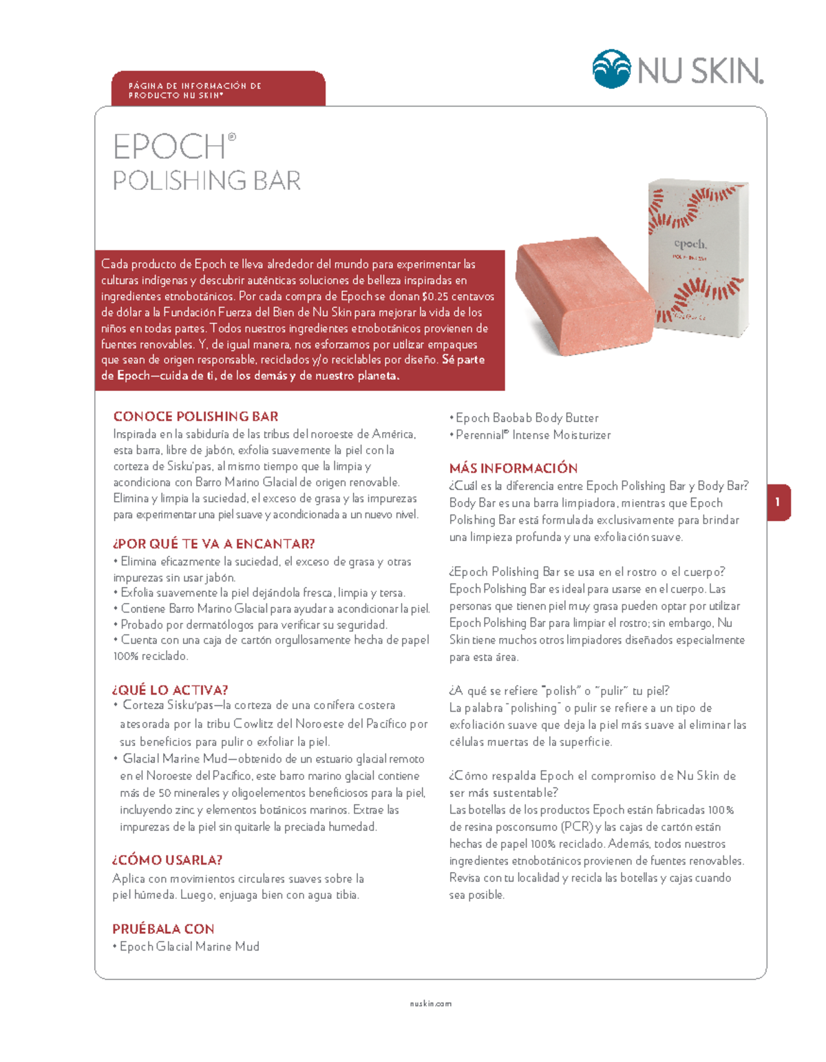 Pain Exfoliant Nettoyant Visage & Corps Nu Skin Epoch - 100g - Naturel Pour Peau Sensible - Neuf