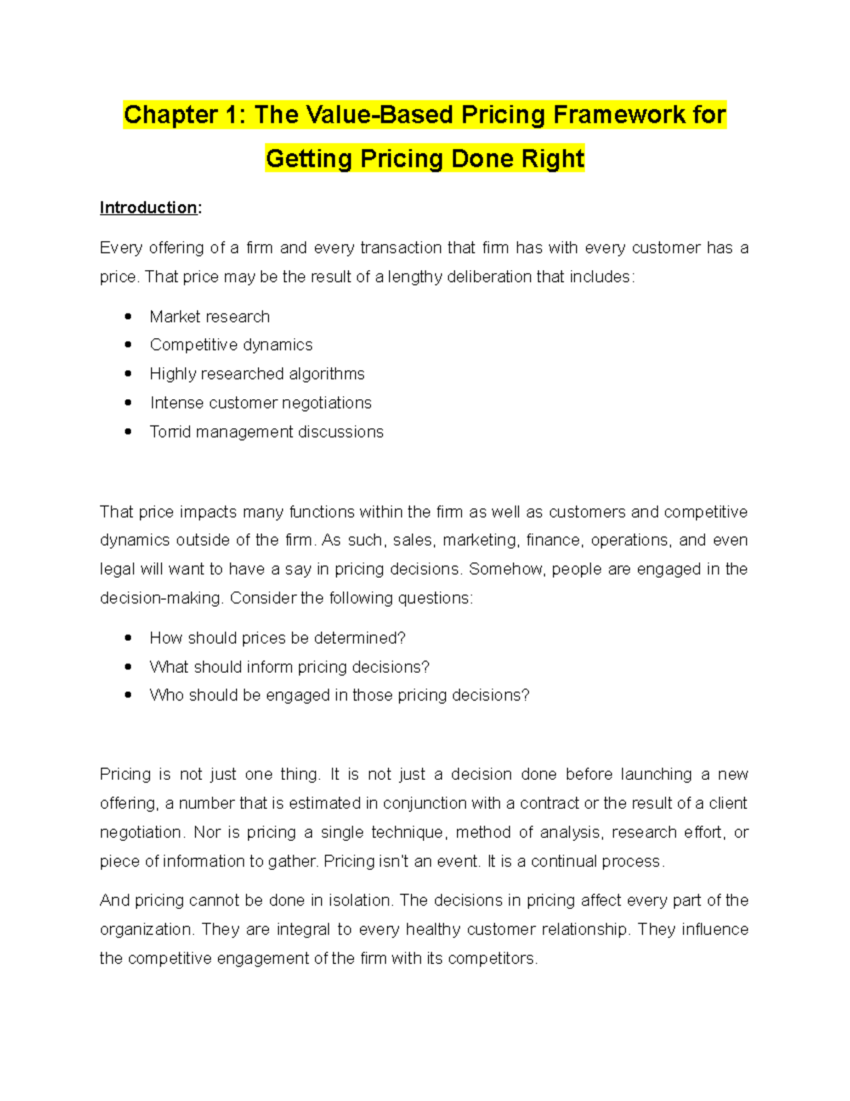 Module 1 The ValueBased Pricing Framework for Getting Pricing Done Right Chapter 1 The Studocu