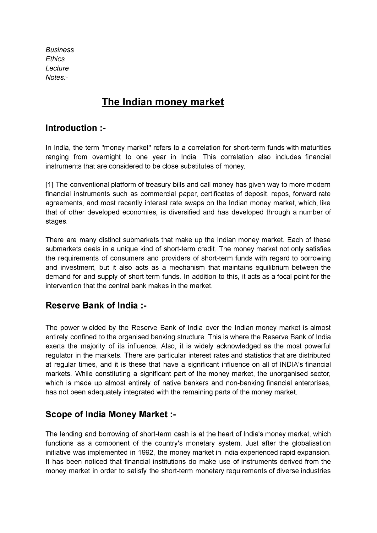 literature review of indian money market