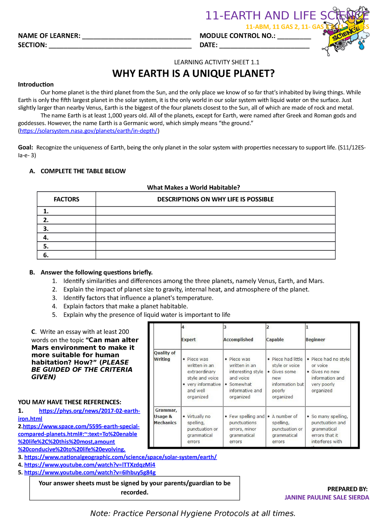 Grade 11 Module 1: Earth As A Unique Planet - 11-EARTH AND LIFE SCIENCE ...