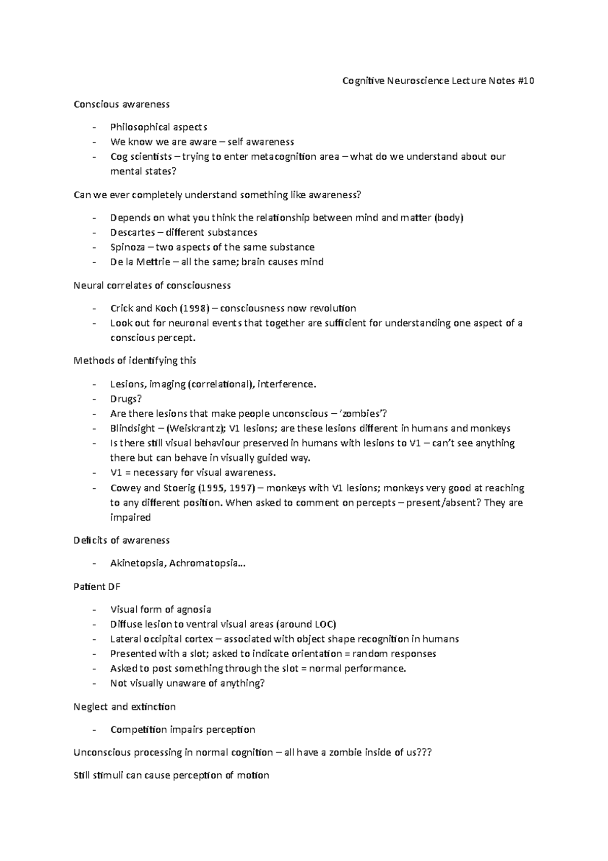 Cog - Lecture 10 Notes - Cognitive Neuroscience Lecture Notes #10 