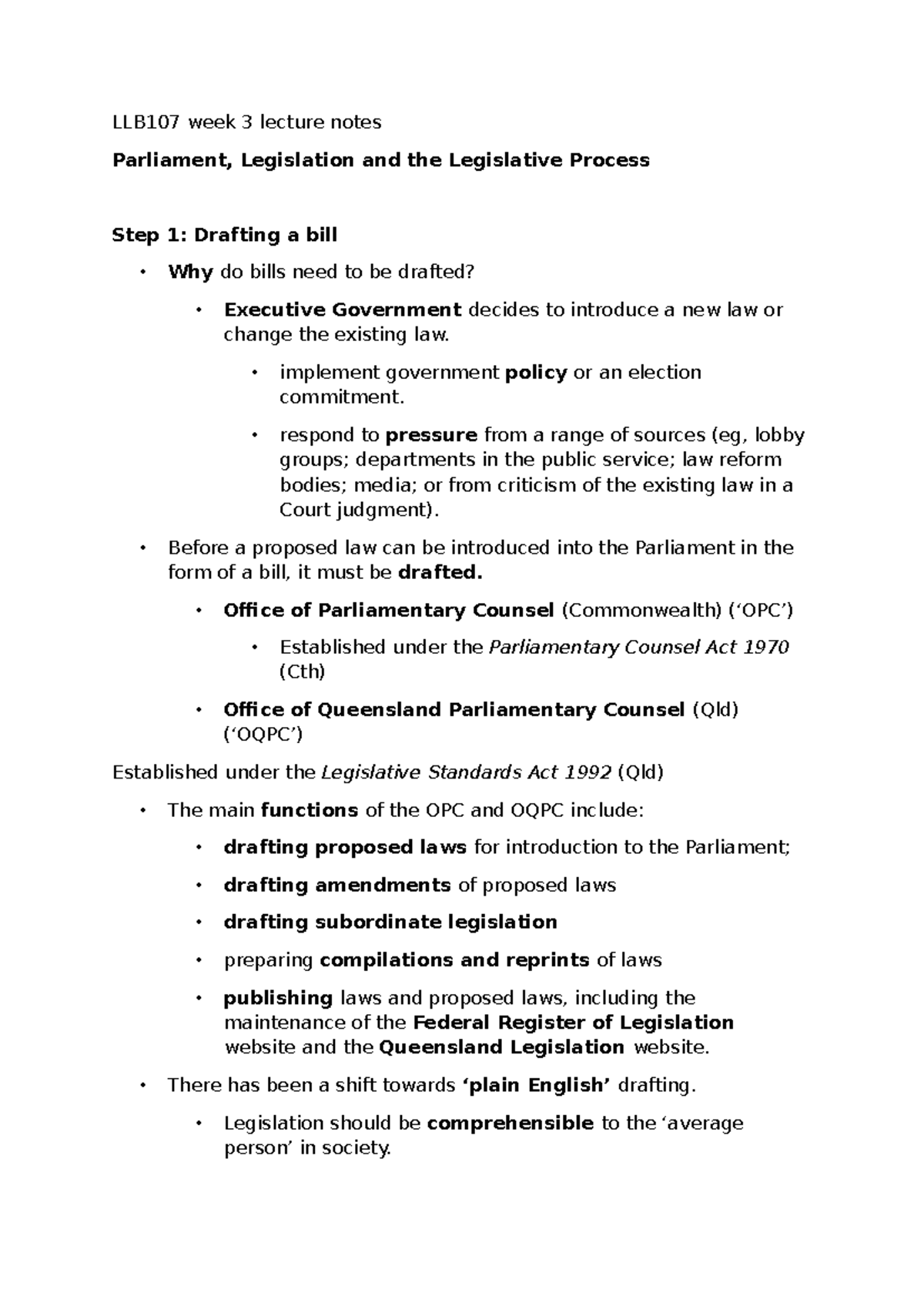 LLB107 week 3 lecture notes - LLB107 week 3 lecture notes Parliament ...