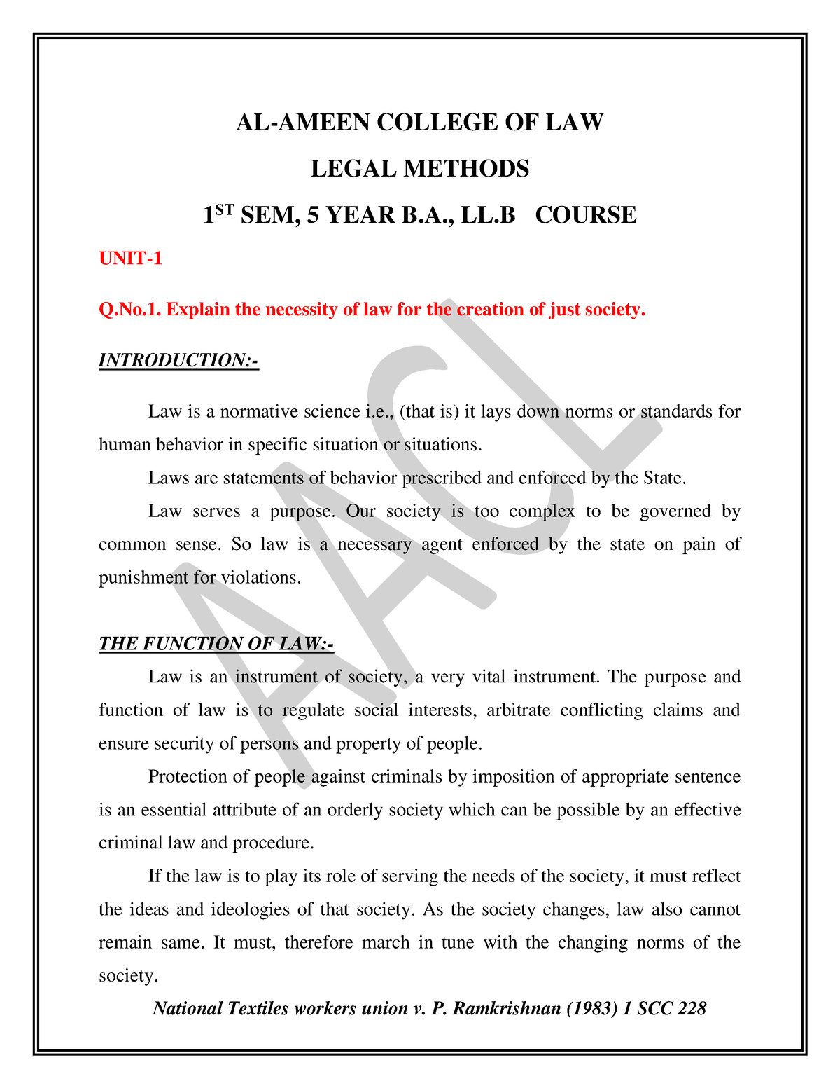 Legal Method Notes - Al Ammen College - AL-AMEEN COLLEGE OF LAW LEGAL ...