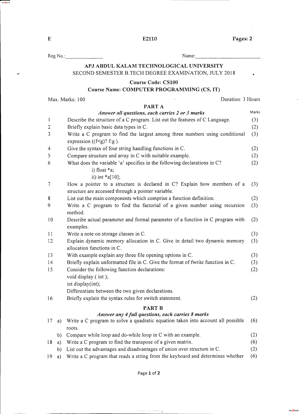 July-2018 - question - Ktu lj)b ank Page 1 of 2 PARTB - Studocu