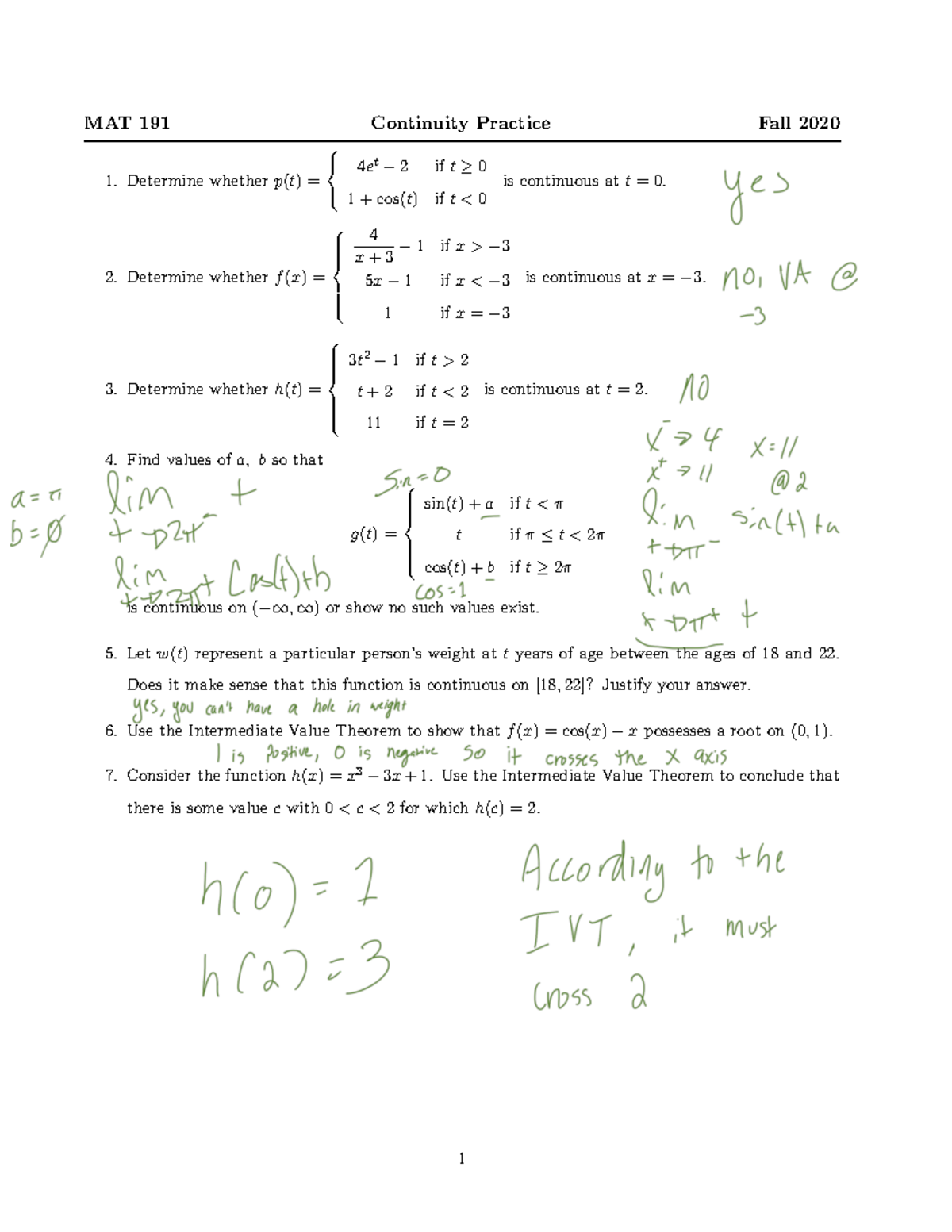 Limit Continuity Practice - MAT 191 - Studocu