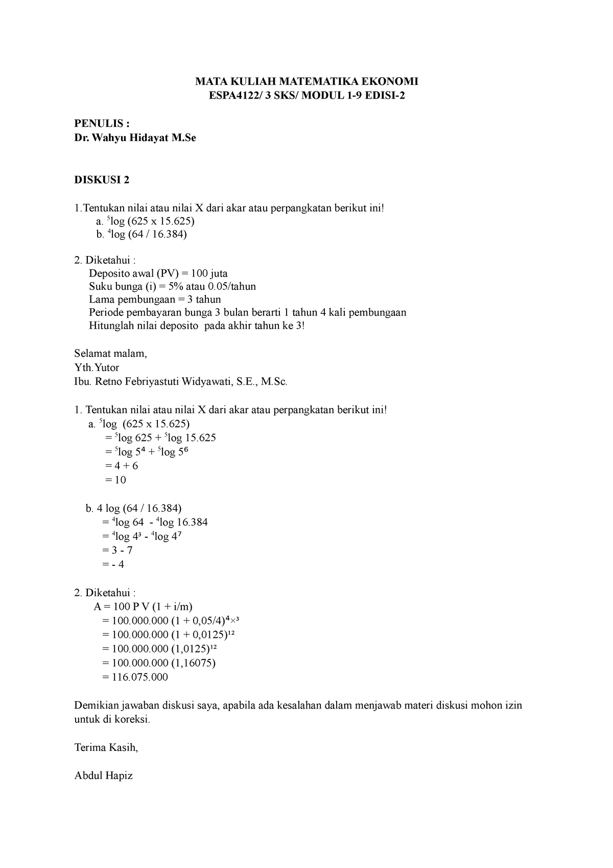 MATA Kuliah Matematika SESI 2 - MATA KULIAH MATEMATIKA EKONOMI ESPA4122 ...