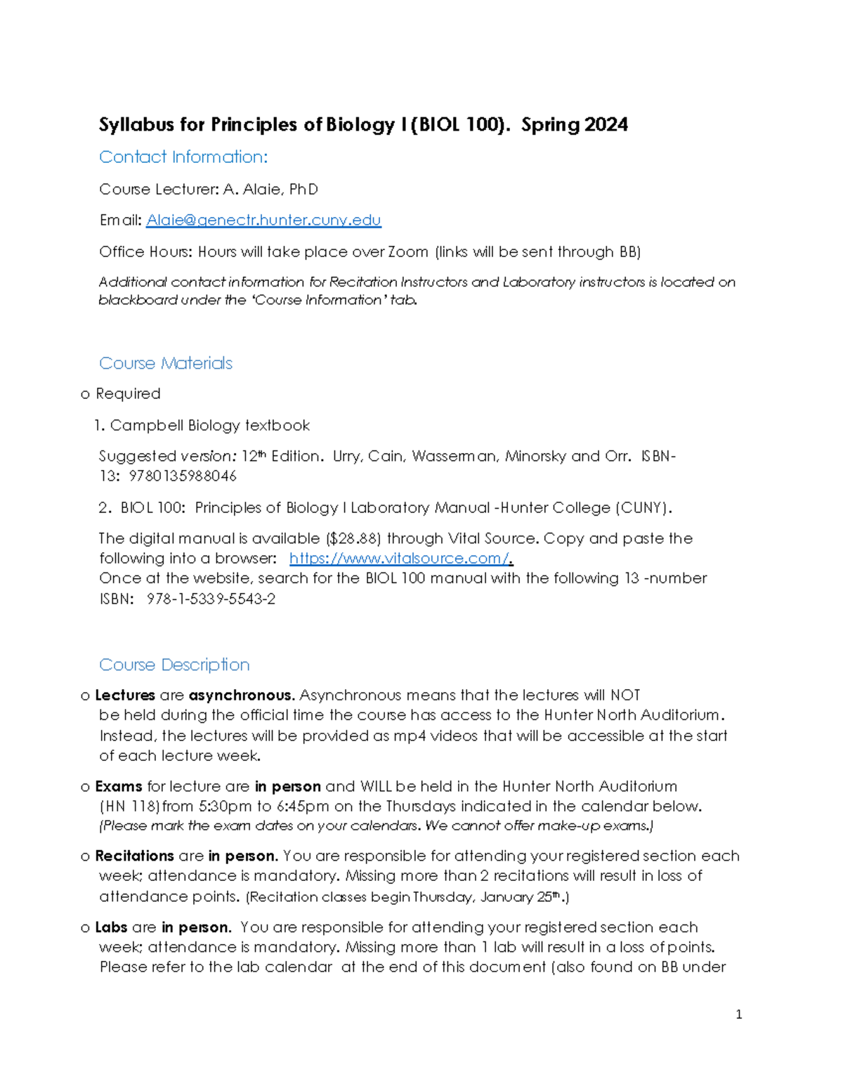 Syllabus for Principles of Biology 1 Spring 2024 - Syllabus for ...