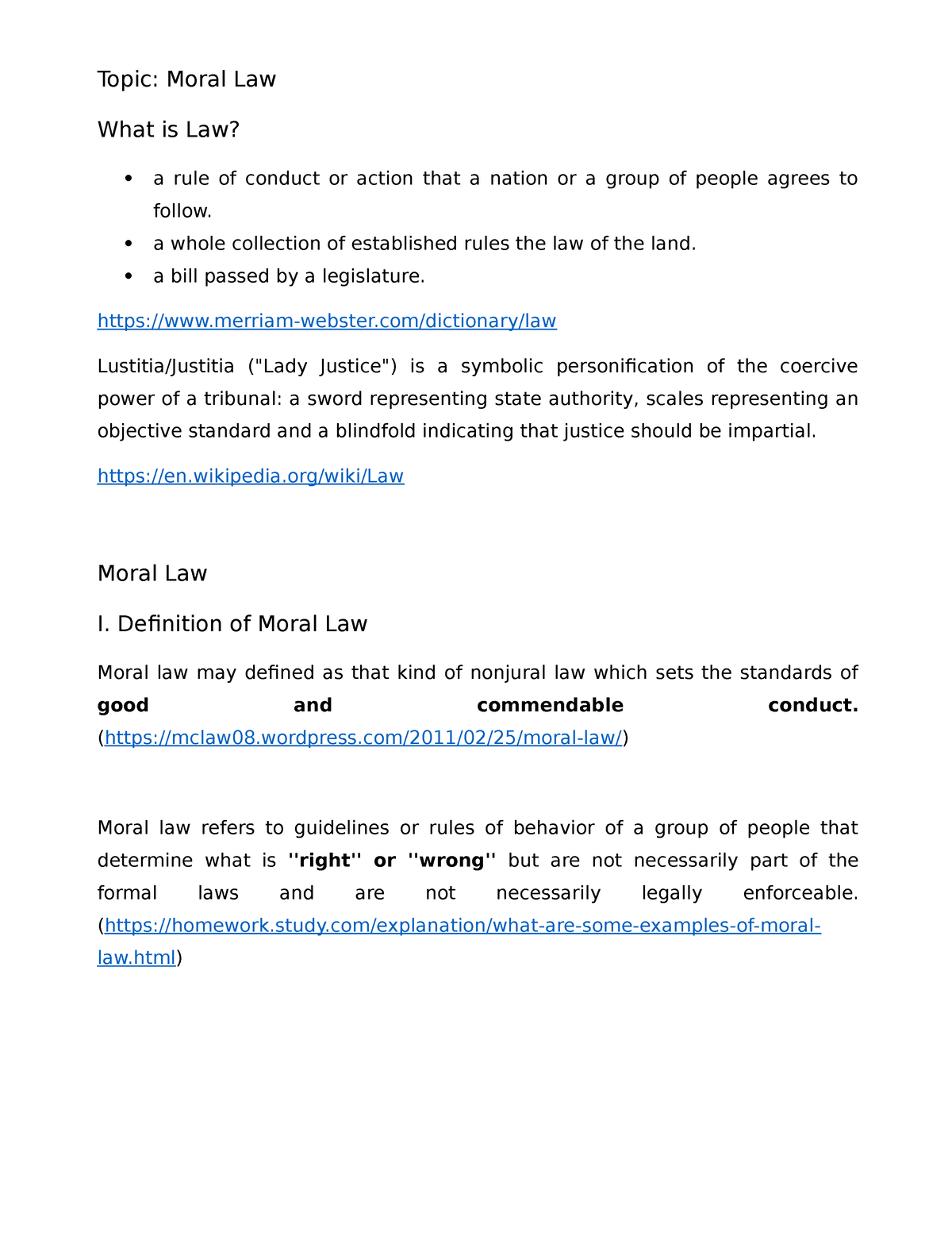 Moral Law GPE - Topic: Moral Law What is Law? a rule of conduct or ...