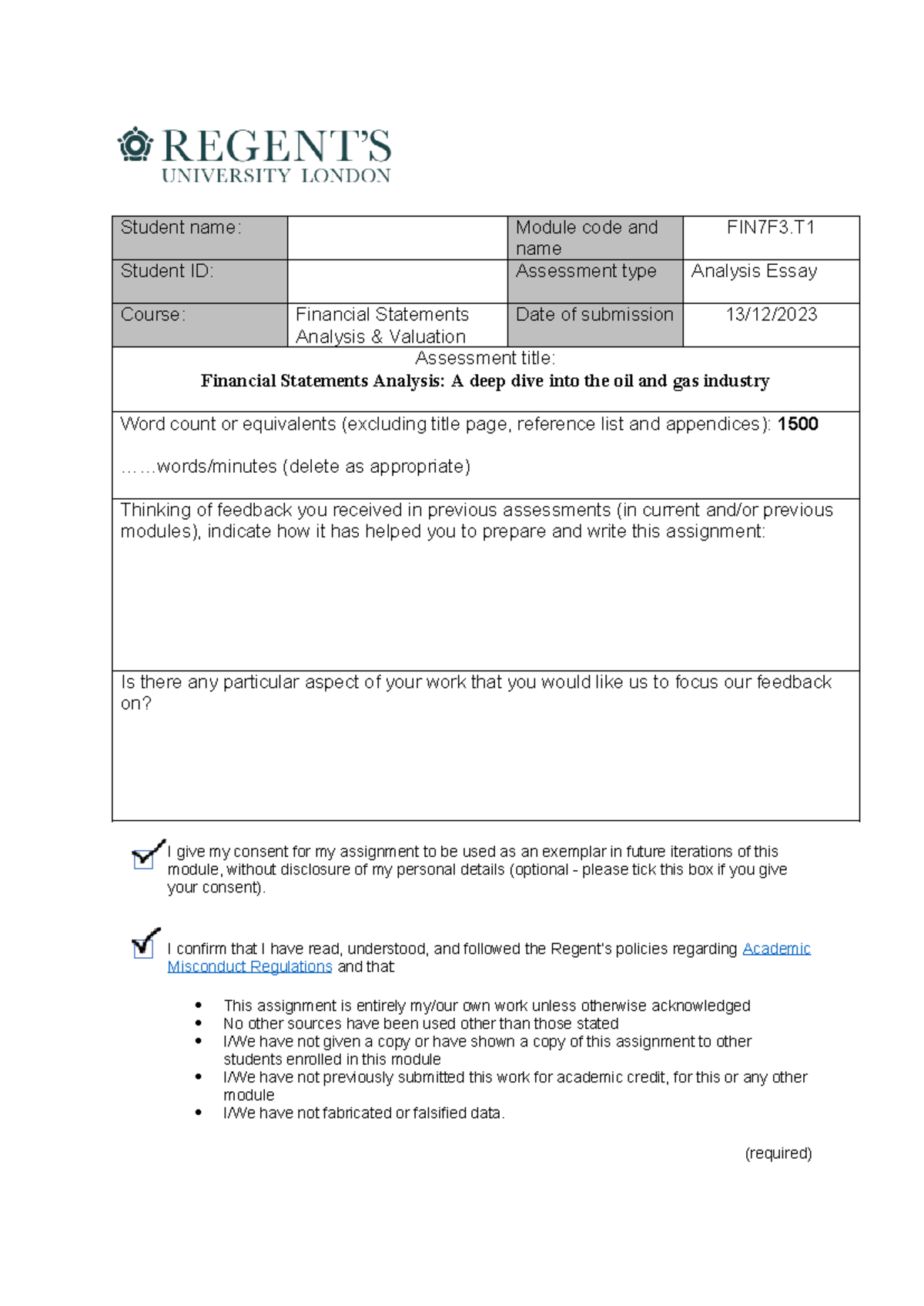 Financial Statement Analysis Student name Module code and name