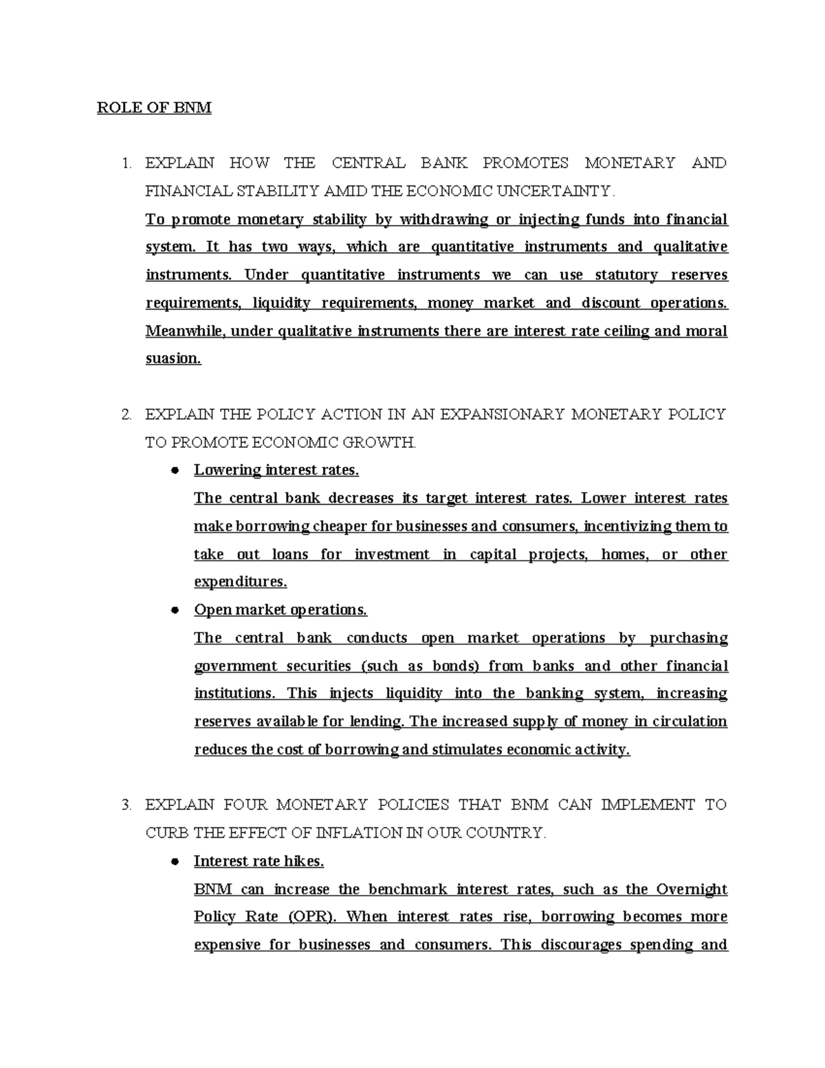 Tutorial FIN435 (part 2) - ROLE OF BNM 1. EXPLAIN HOW THE CENTRAL BANK ...