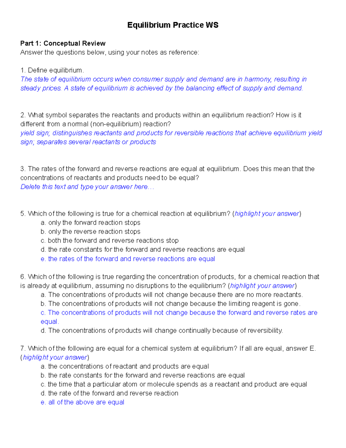 Equilibrium Practice WS - The state of equilibrium occurs when consumer ...