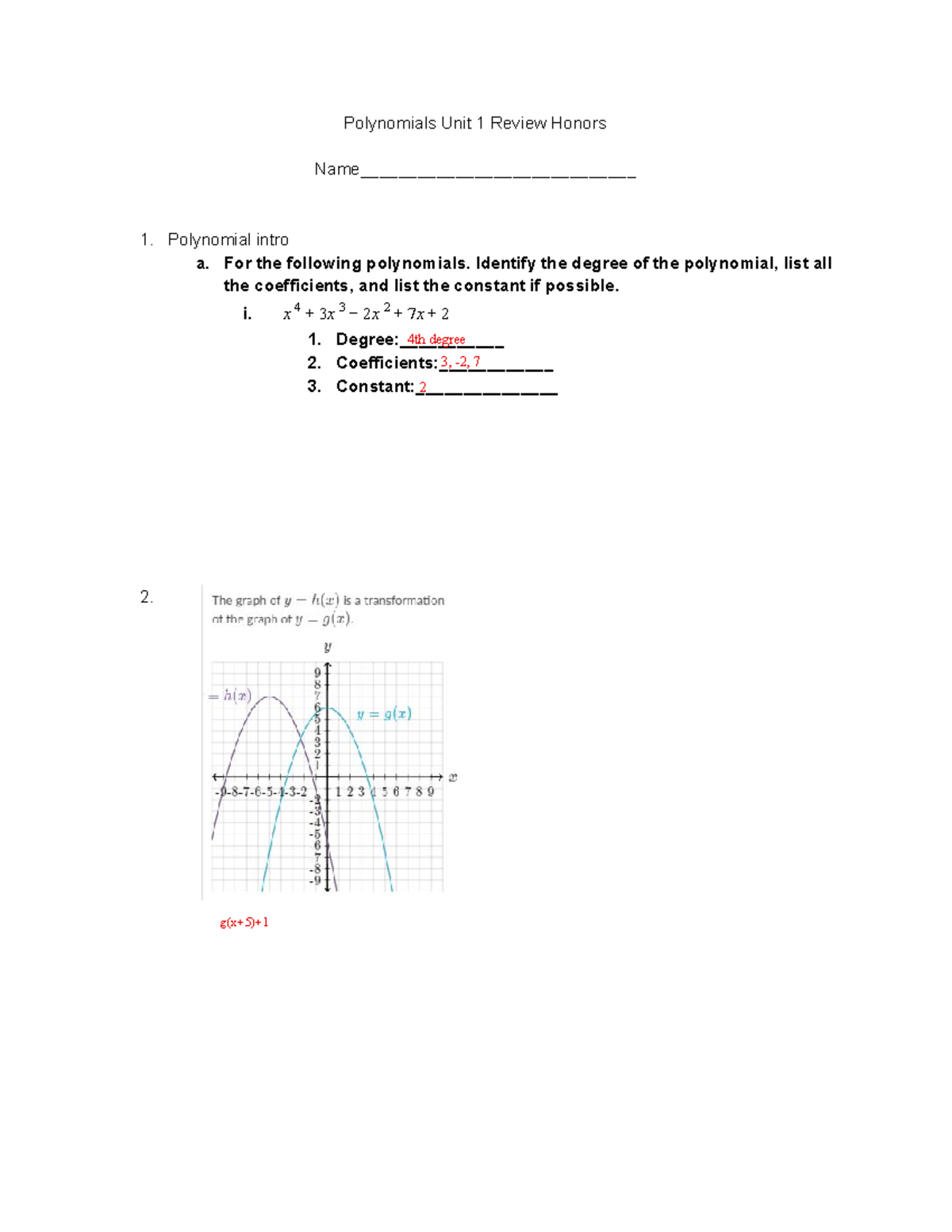 Polynomial Unit 1 Test Review Honors - Polynomials Unit 1 Review Honors ...