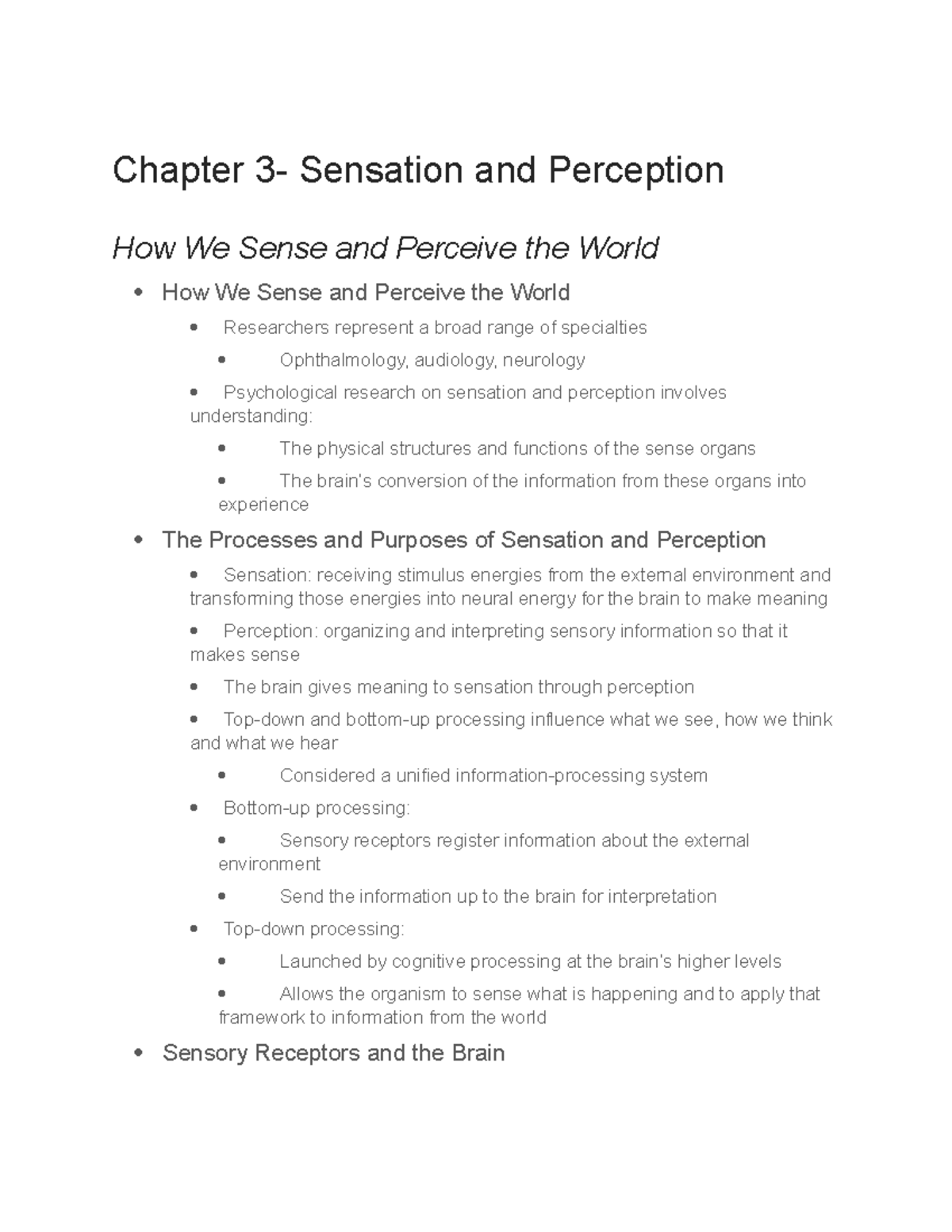 Chapter 3 Psych Notes - Chapter 3- Sensation and Perception How We ...