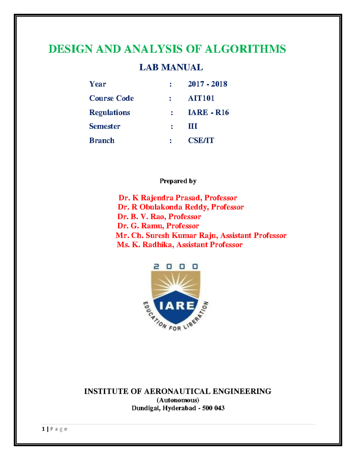 II YEAR DAA LAB Manual - DESIGN AND ANALYSIS OF ALGORITHMS LAB MANUAL ...