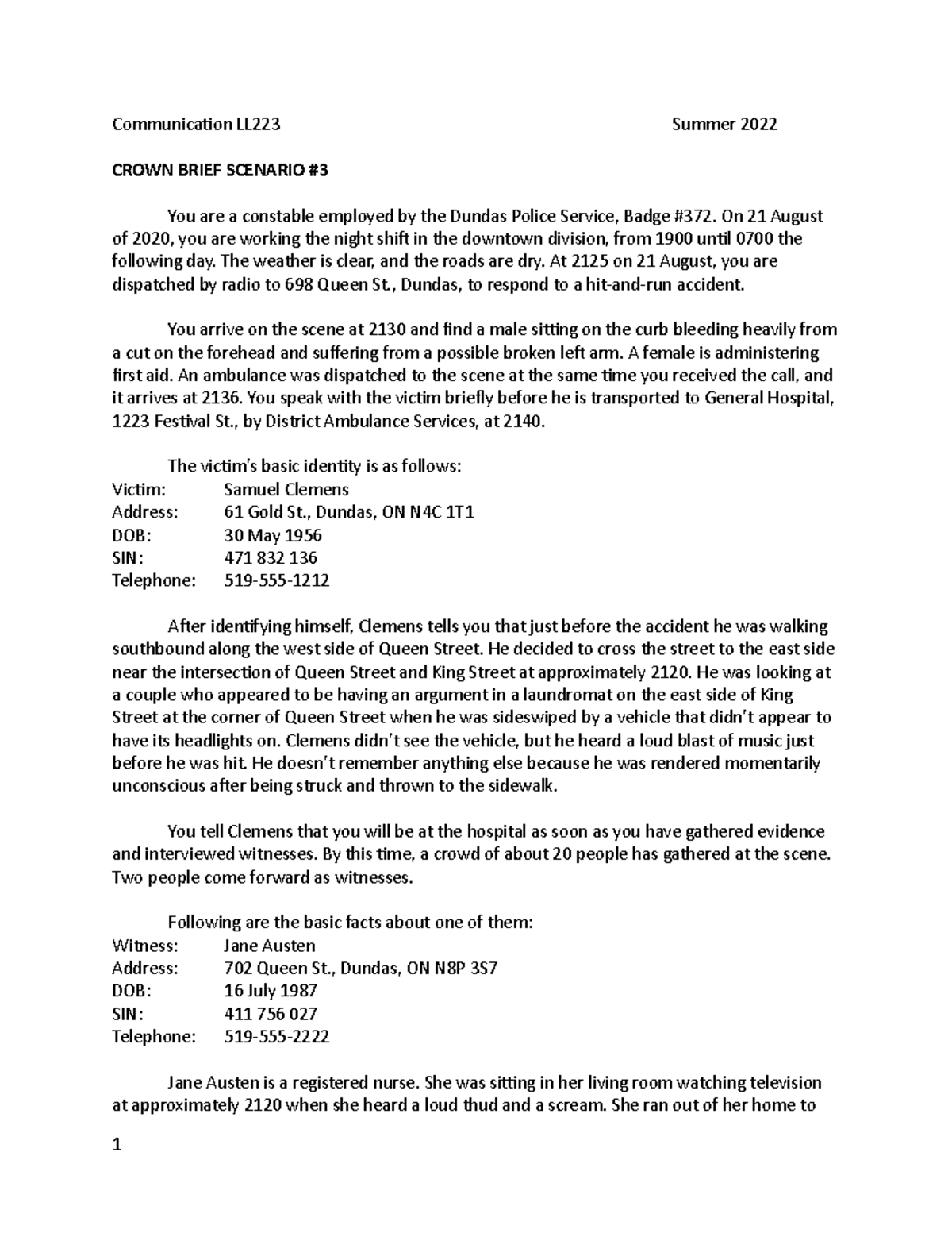 Crown Brief scenario 3-3 - Communication LL223 Summer 2022 CROWN BRIEF ...