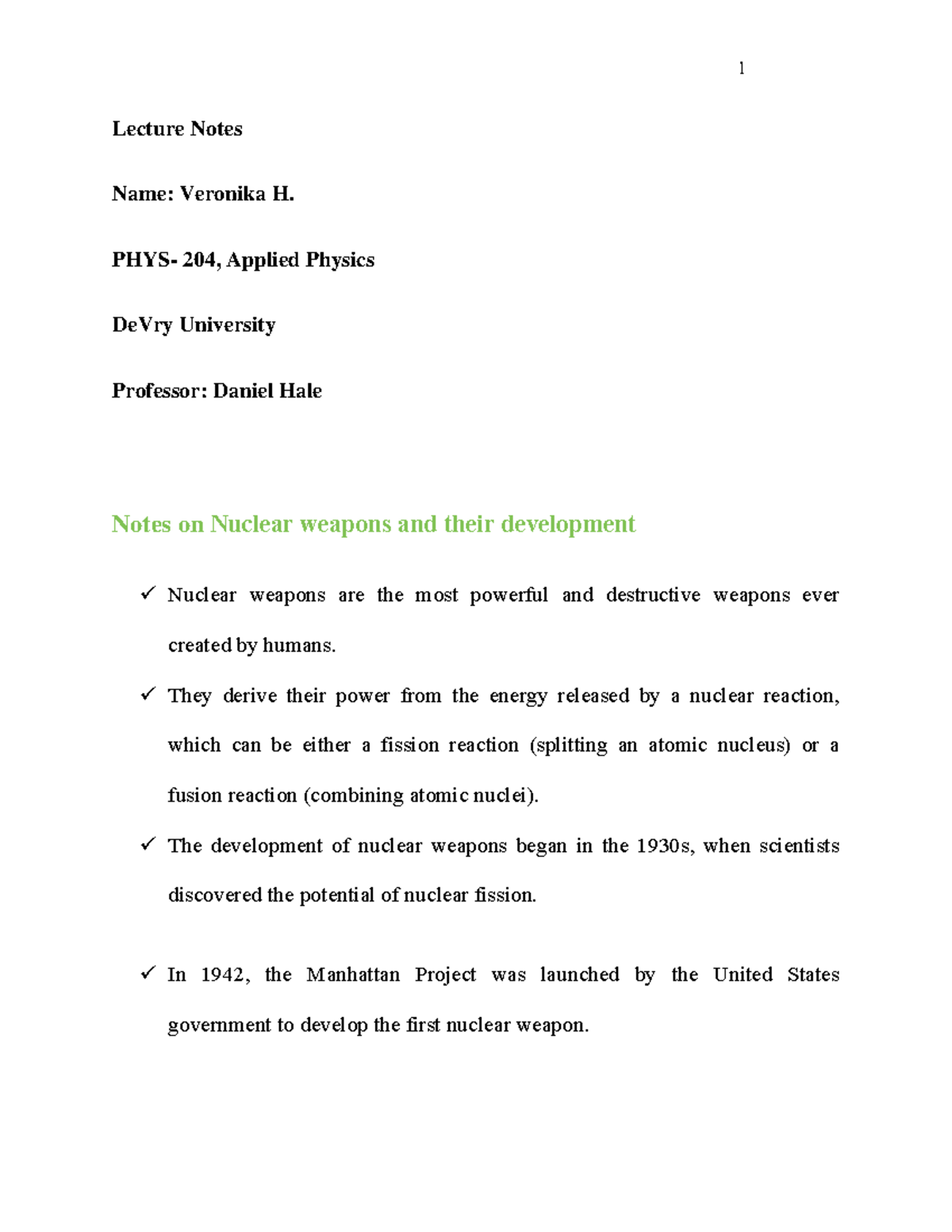 Notes On Nuclear Weapons And Their Development - Lecture Notes Name ...