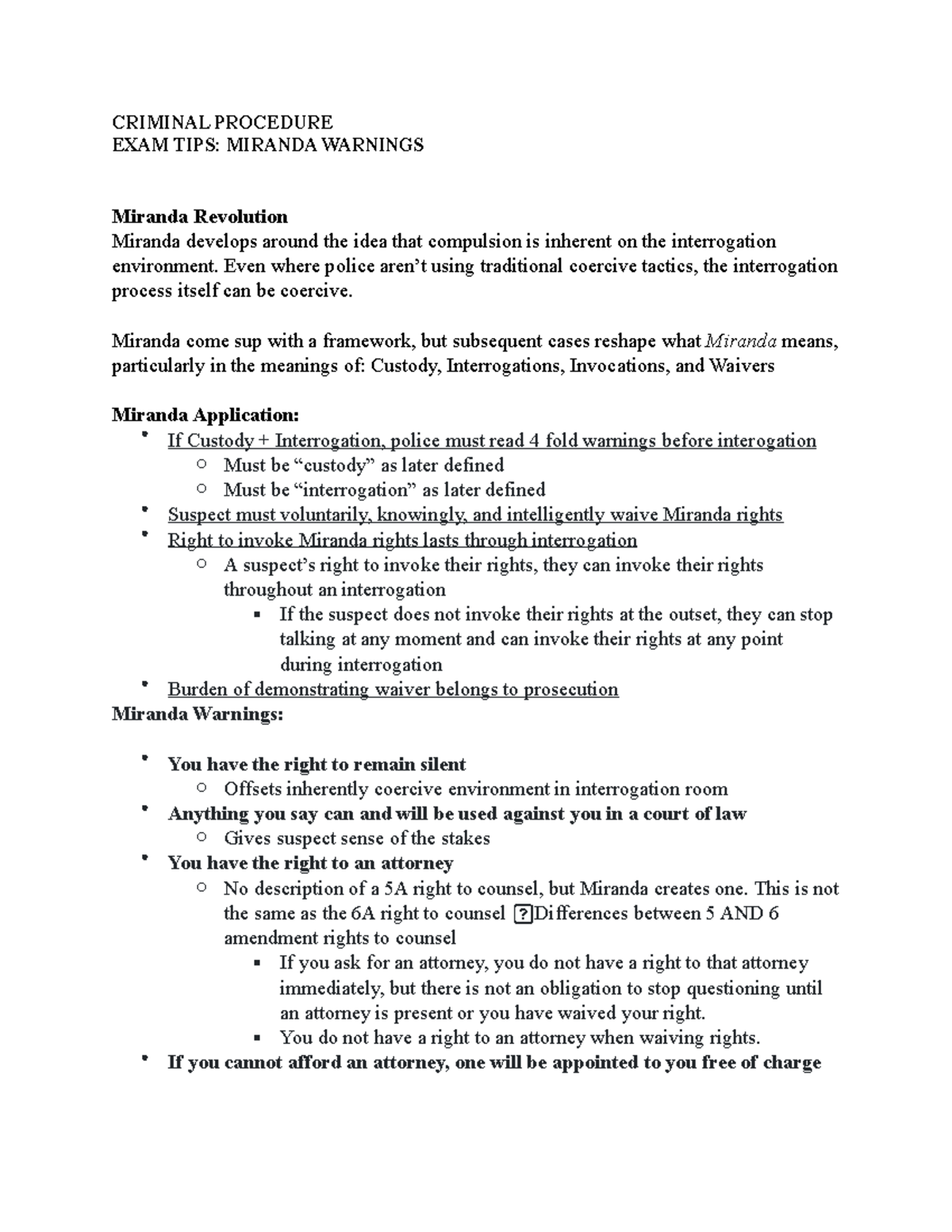 Criminal Procedure EXAM TIPS- Miranda Warnings - CRIMINAL PROCEDURE ...