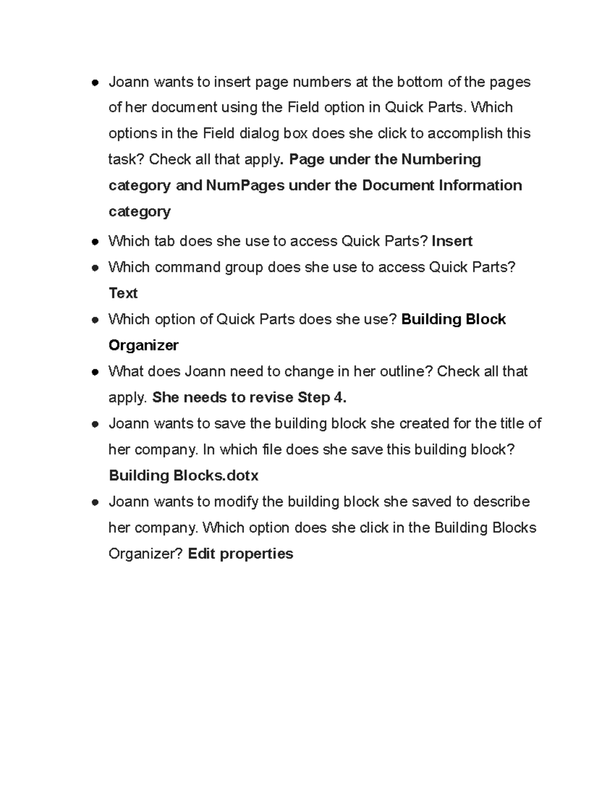 Using Quick Parts Assignment Joann wants to insert page numbers at