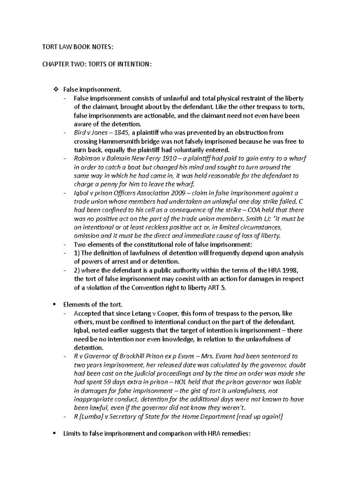 TORT LAW BOOK Notes - TORT LAW BOOK NOTES: CHAPTER TWO: TORTS OF ...