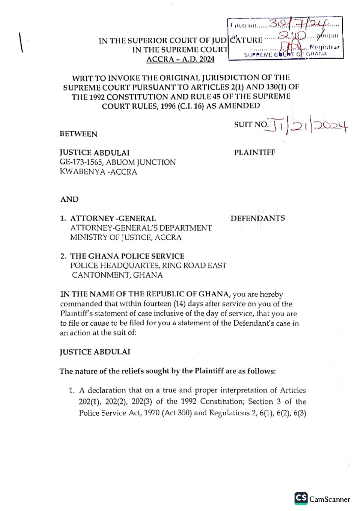 WRIT TO Invoke Original Jurisdiction OF Supreme Court - Justice Abdulai ...