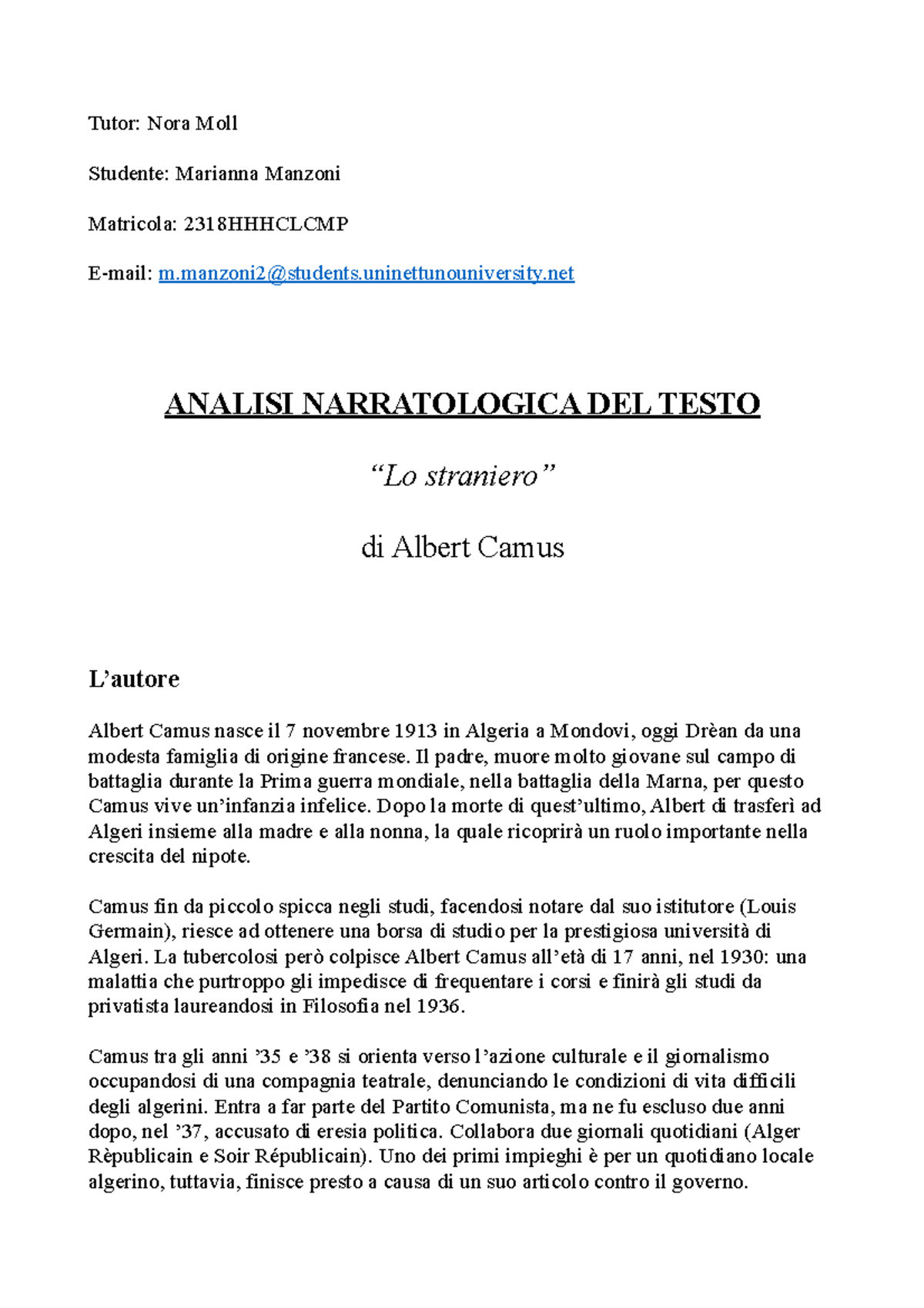 Analisi Narratologica Lo Straniero Manzoni Marianna - Tutor: Nora Moll ...