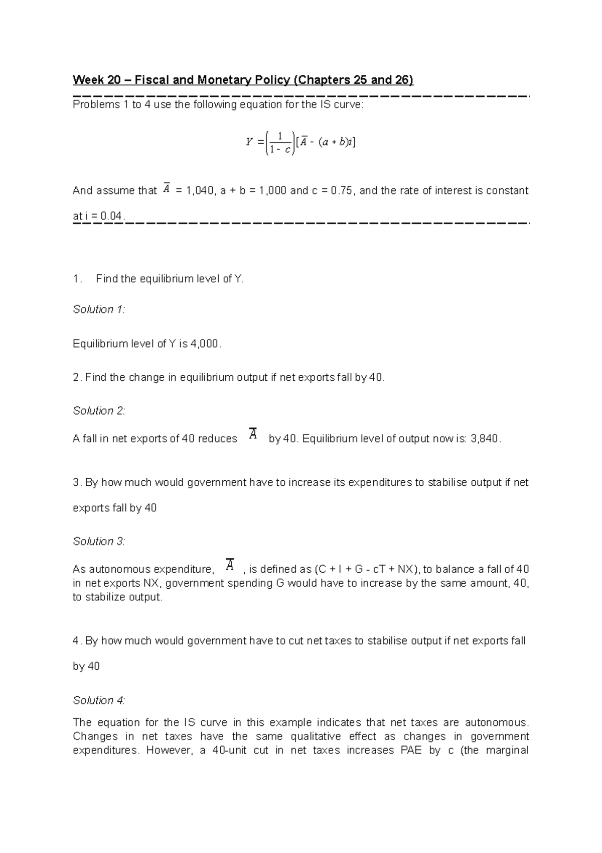 Tutorial Week 20 + Solutions - Week 20 – Fiscal and Monetary Policy ...