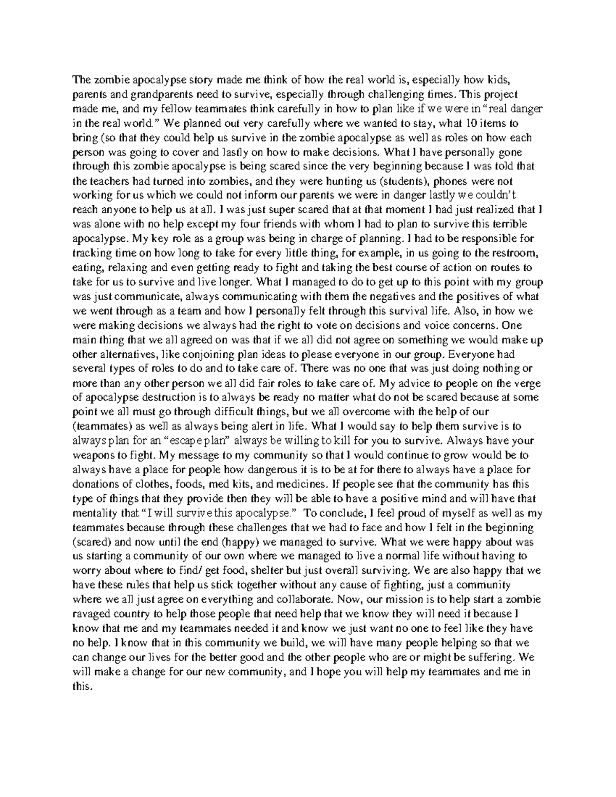 Actualization Reflection The zombie apocalypse story made me think of