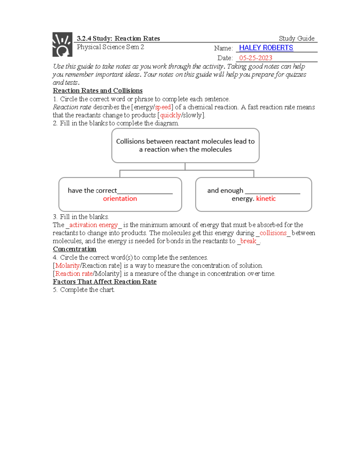 3.2.4 Study - Reaction Rates (Study guide) - 3.2 Study: Reaction Rates ...