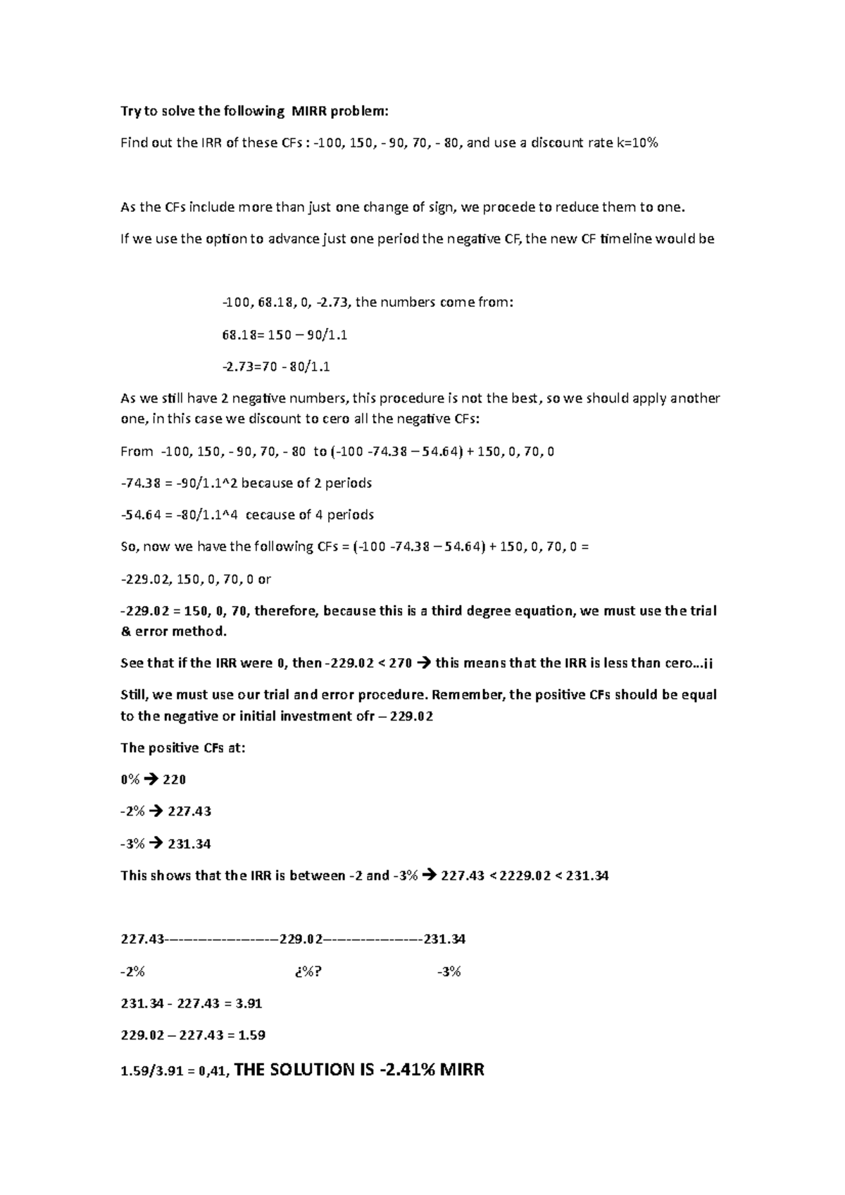 Ejercicio de calculo del MIRR resuelto - Try to solve the following ...