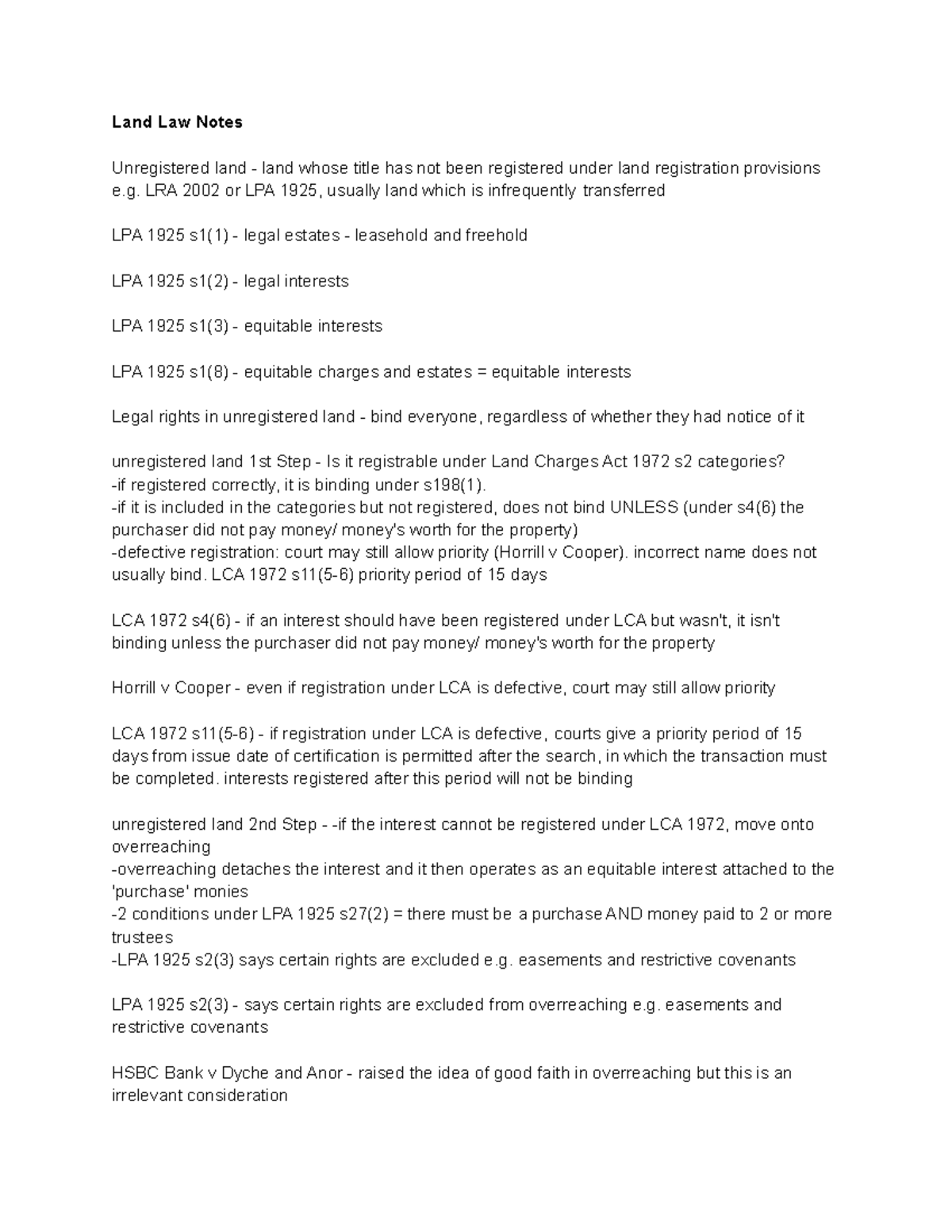 Land Law Notes - Land Law Notes Unregistered land - land whose title ...