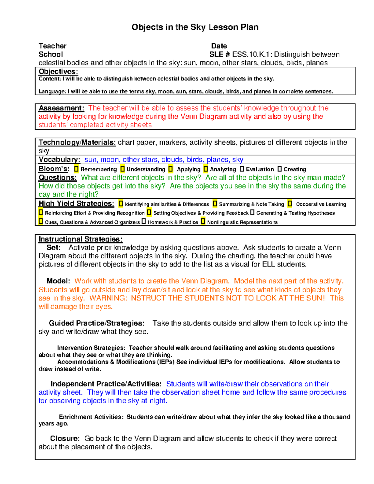 Objects+in+the+sky+Lesson+Plan - Objects in the Sky Lesson Plan Teacher ...