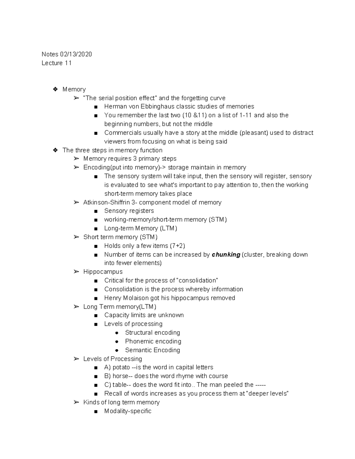 lecture 11 notes - Notes 02/13/ Lecture 11 Memory “The serial position ...