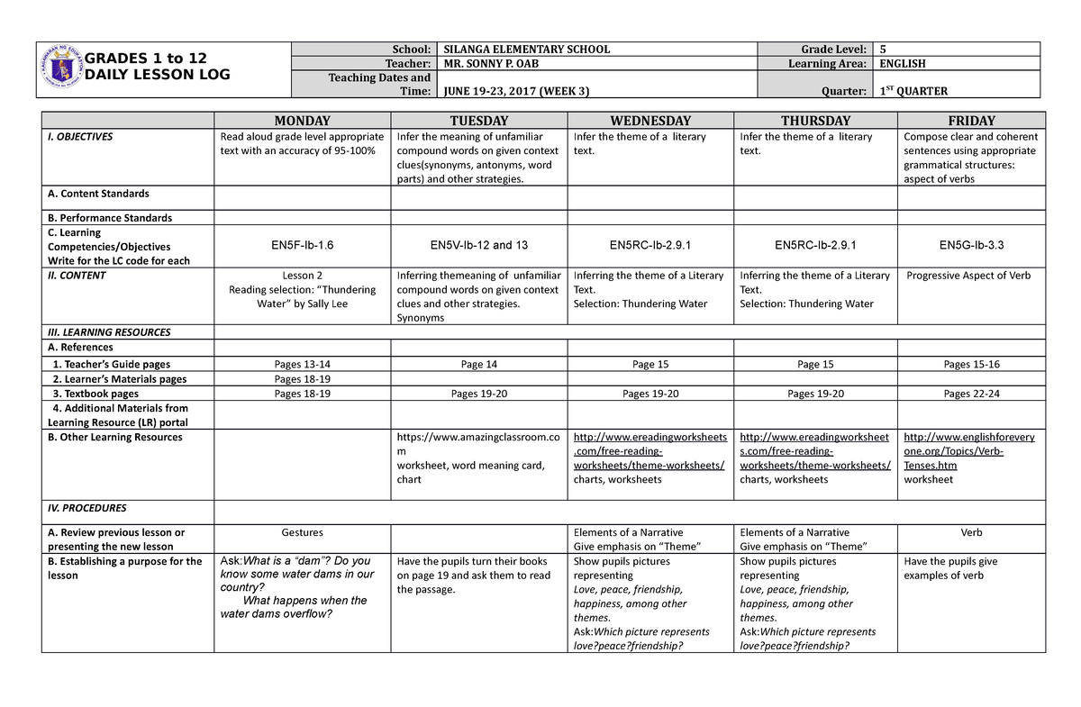 DLL English 5 Q1 W3 - DAILY LESSON LOG - GRADES 1 To 12 DAILY LESSON ...