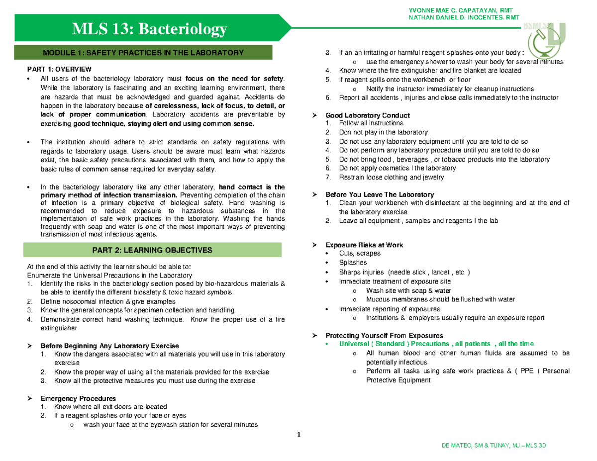 Mls 13a-bacteriology Lab M1-m5 - 1 Mls 13: Bacteriology Nathan Daniel D 