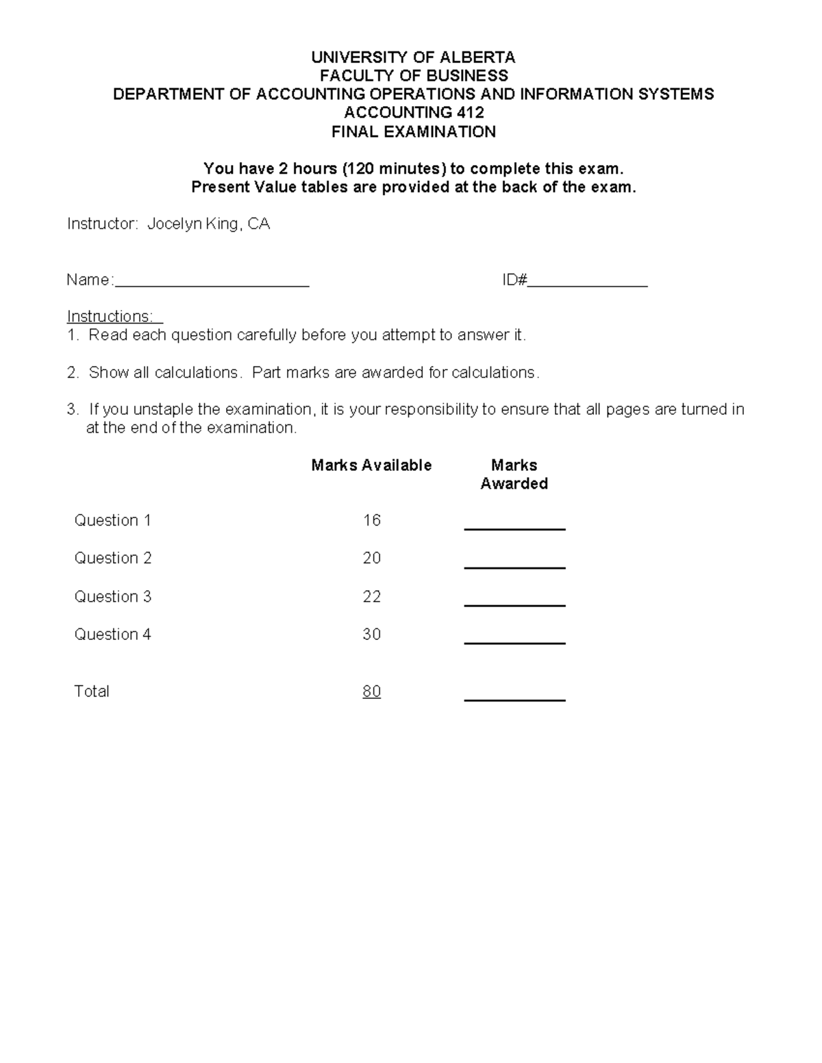 ACCTG 412 Sample Final Exam for 2022 revised - UNIVERSITY OF ALBERTA ...
