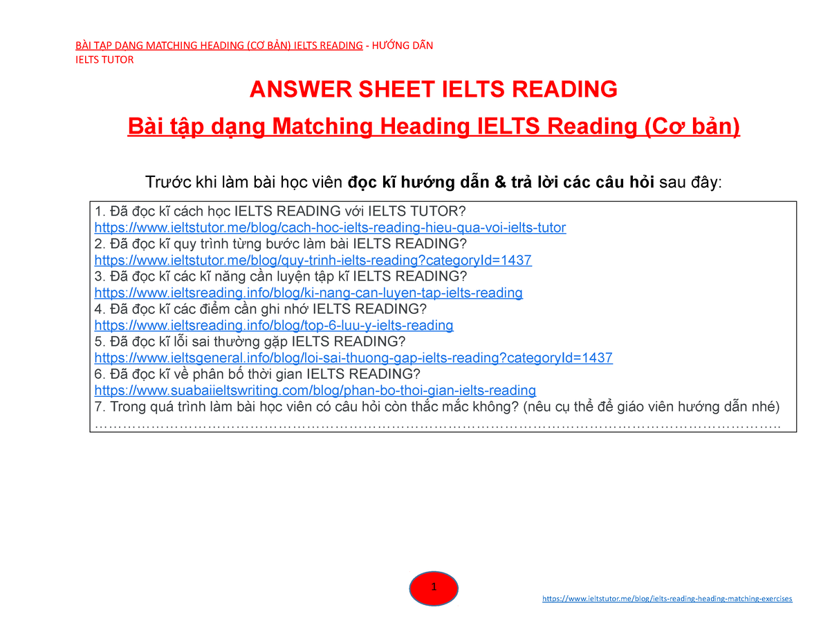 Answer Sheet Ielts Reading - BÀI TẬP DẠNG Matching Heading Ielts ...