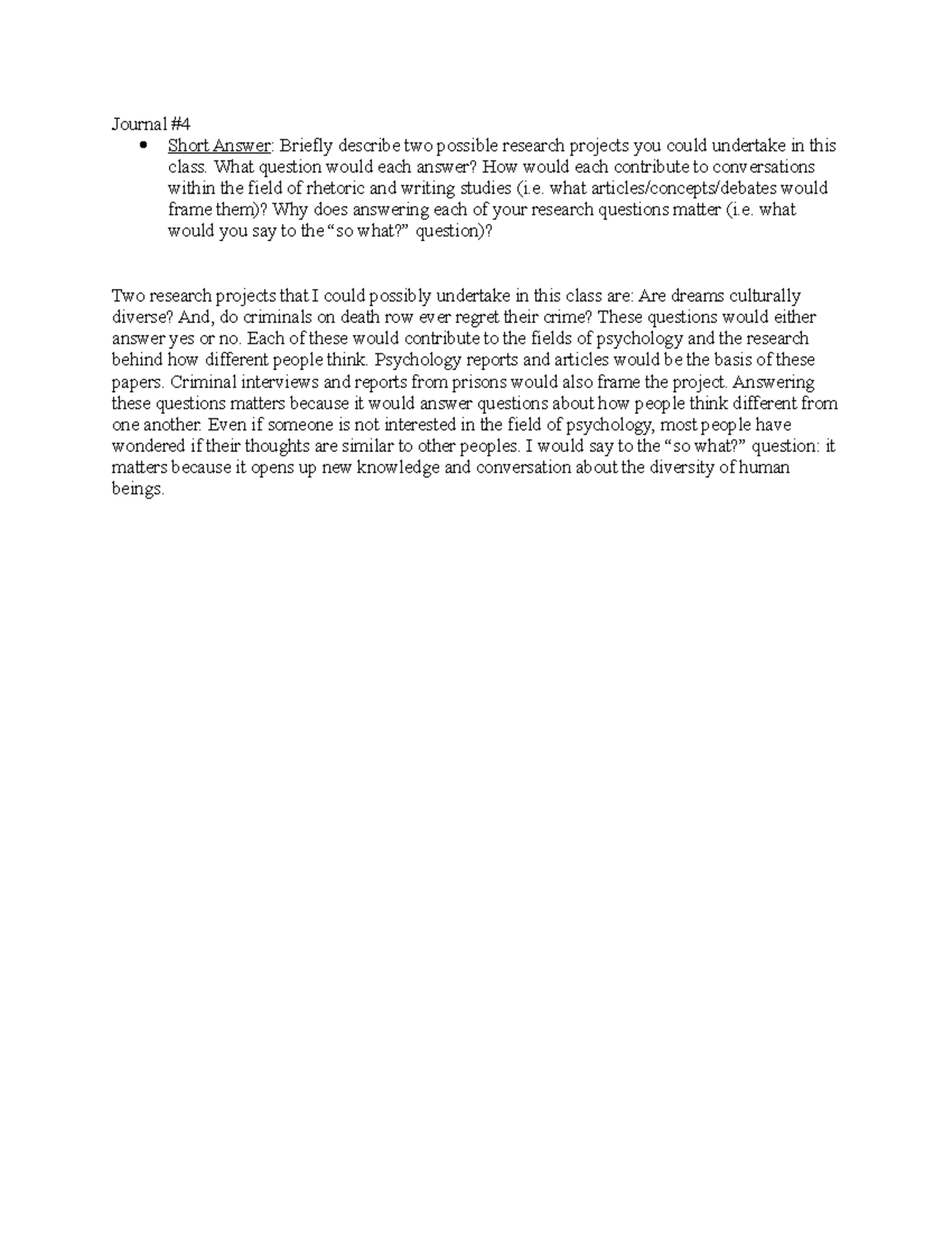 Journal 4Research Project Topics Journal Short Answer Briefly