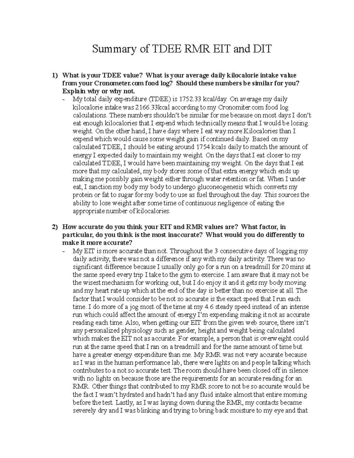 Summary of TDEE RMR EIT and DIT - Summary of TDEE RMR EIT and DIT What ...