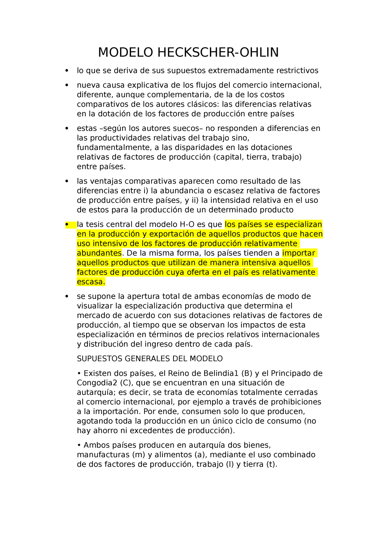 Modelo Heckscher- Ohlin Resumen - MODELO HECKSCHER-OHLIN  lo que se deriva  de sus supuestos - Studocu