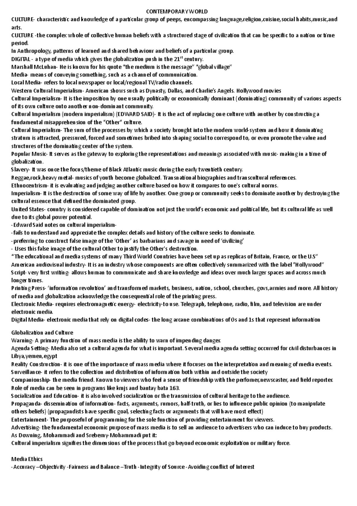 Cotemporary World Reviewer - CONTEMPORARY WORLD CULTURE- characteristic ...
