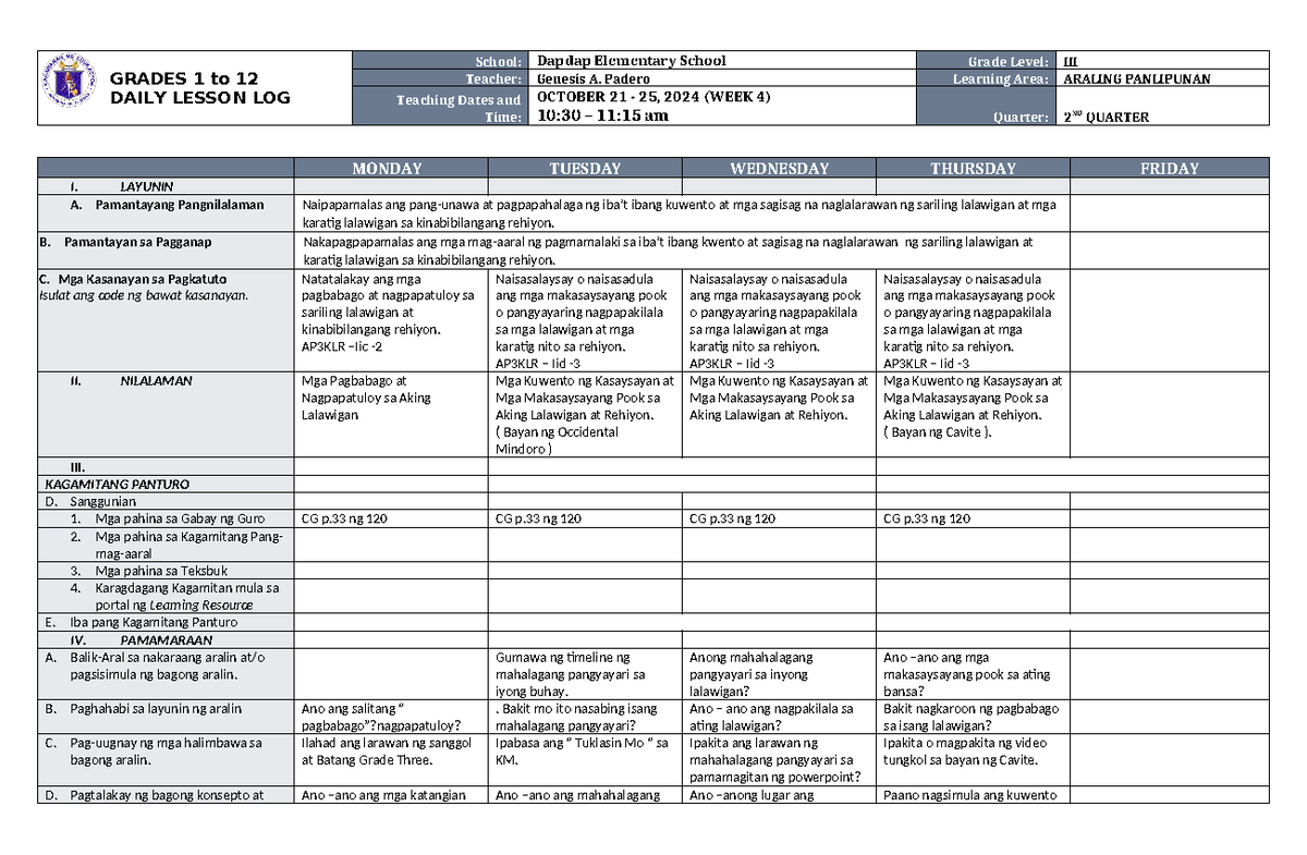 DLL Araling Panlipunan 3 Q2 W4 - GRADES 1 to 12 DAILY LESSON LOG School ...