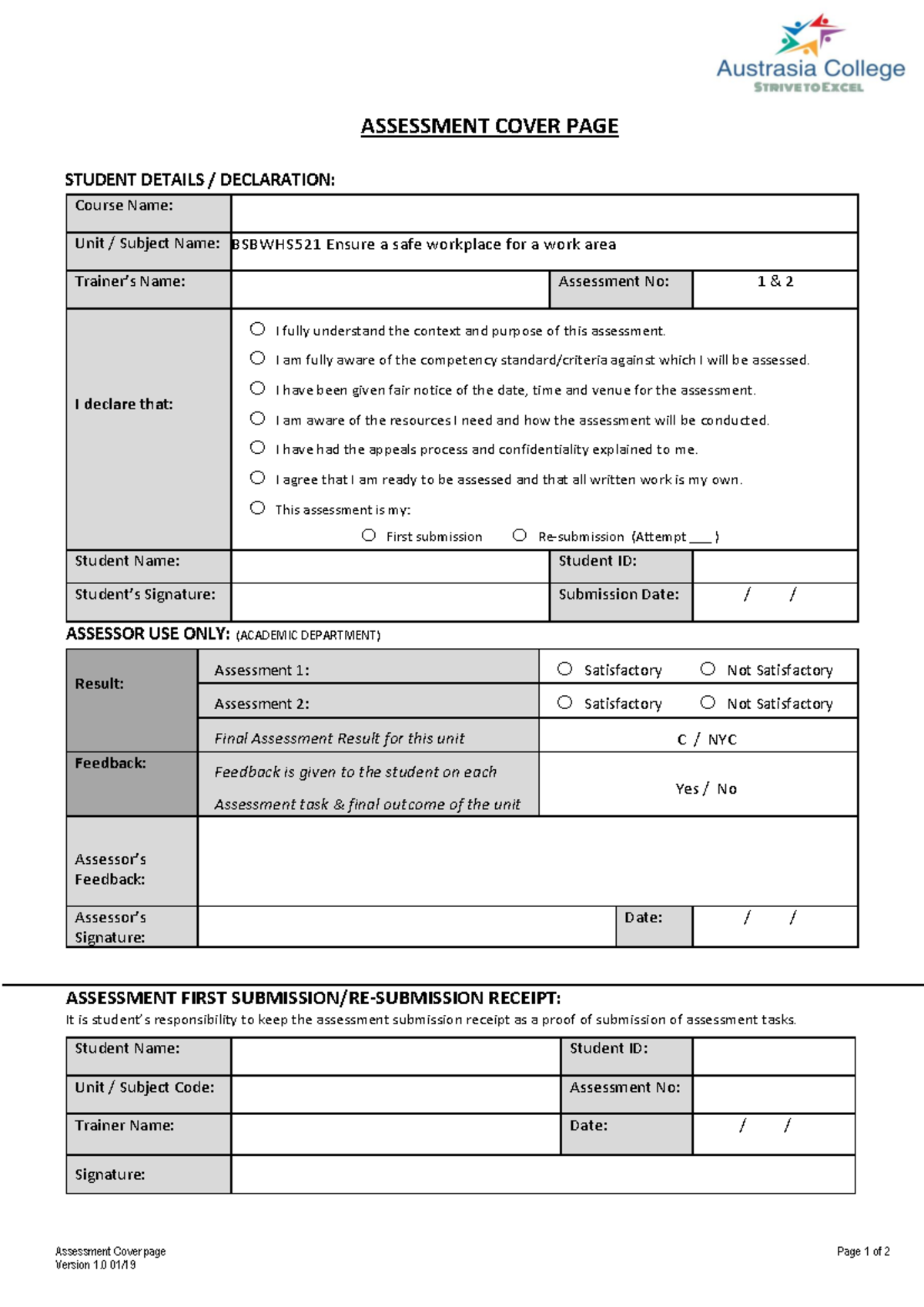 Bsbwhs 521 Assessment 1, 2 - Assessment Cover page Page 1 of 2 Version ...