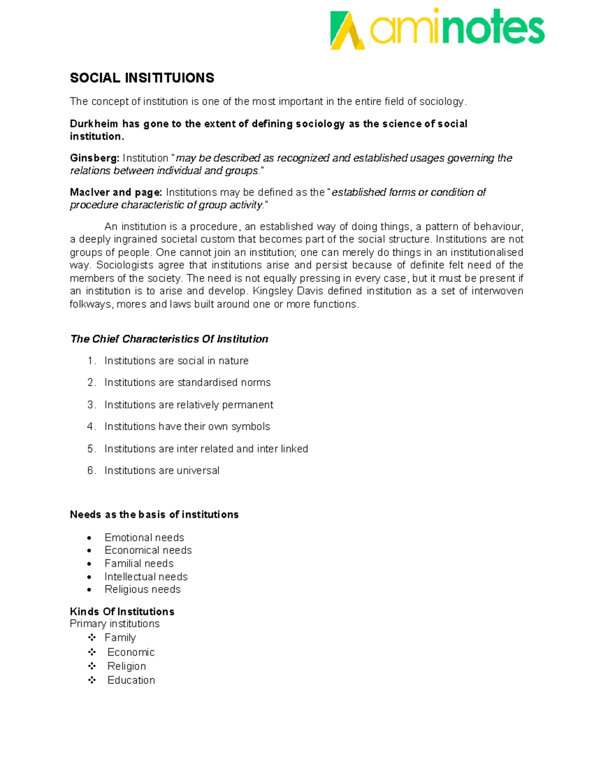 Sociology for Engineers Notes - SOCIAL INSITITUIONS The concept of ...