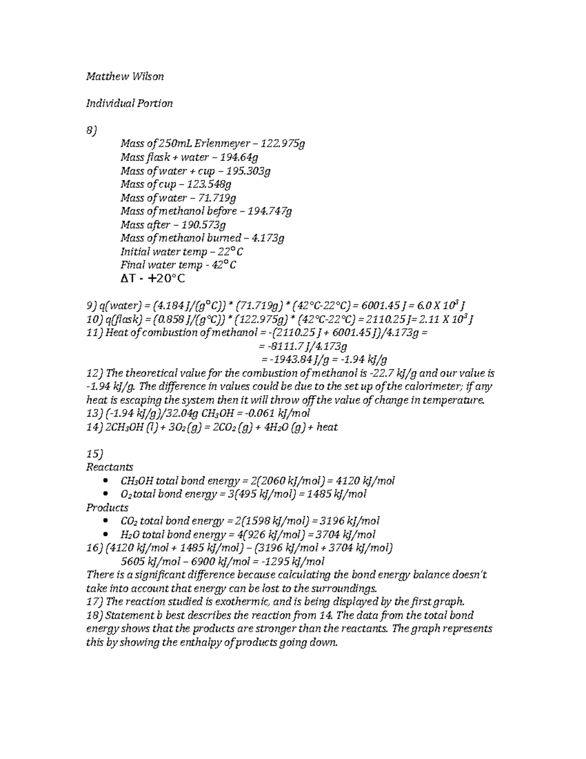 Thermochemistry Lab Report Matthew Wilson Individual Portion 8) Mass