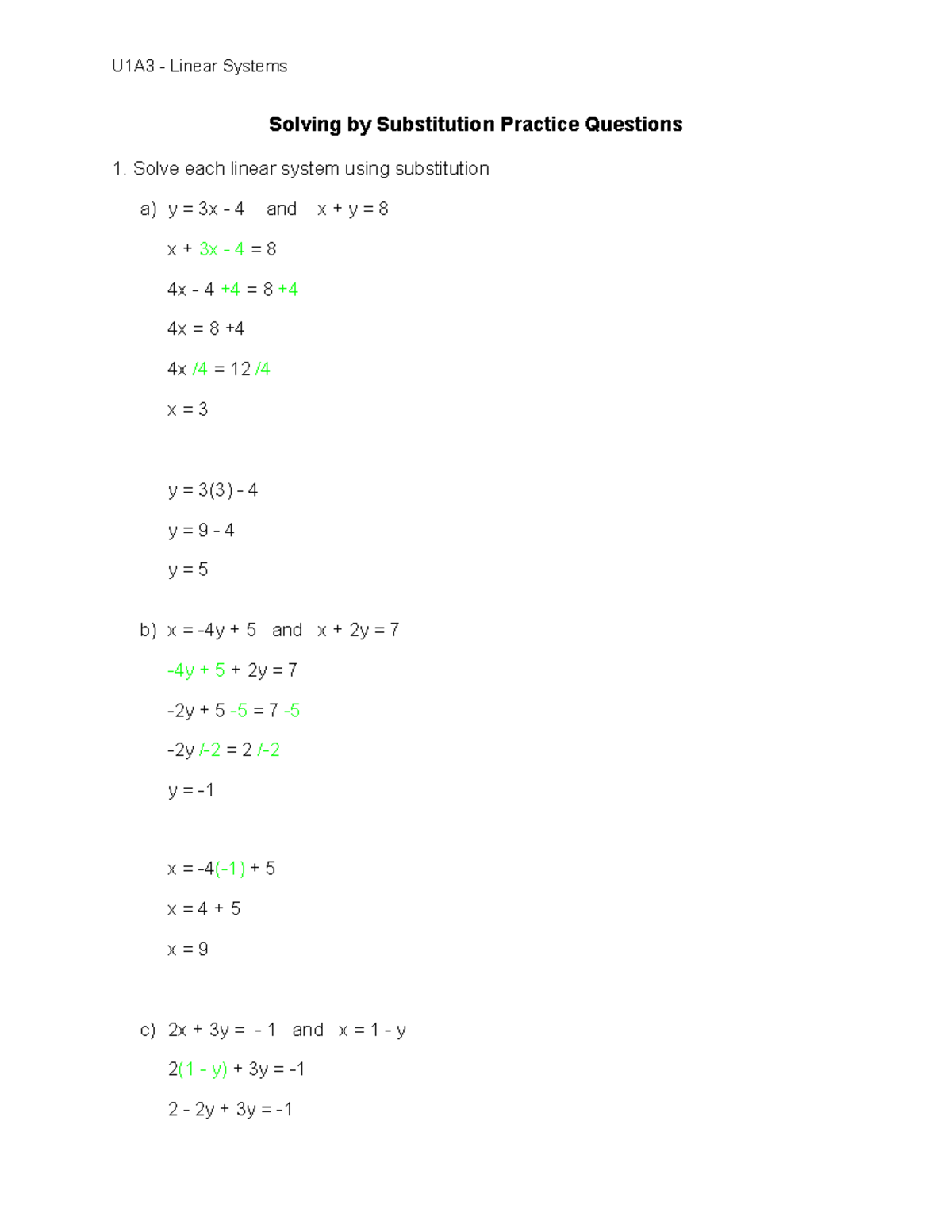 Copy of Solving by Substitution Practice Questions - U1A3 - Linear ...