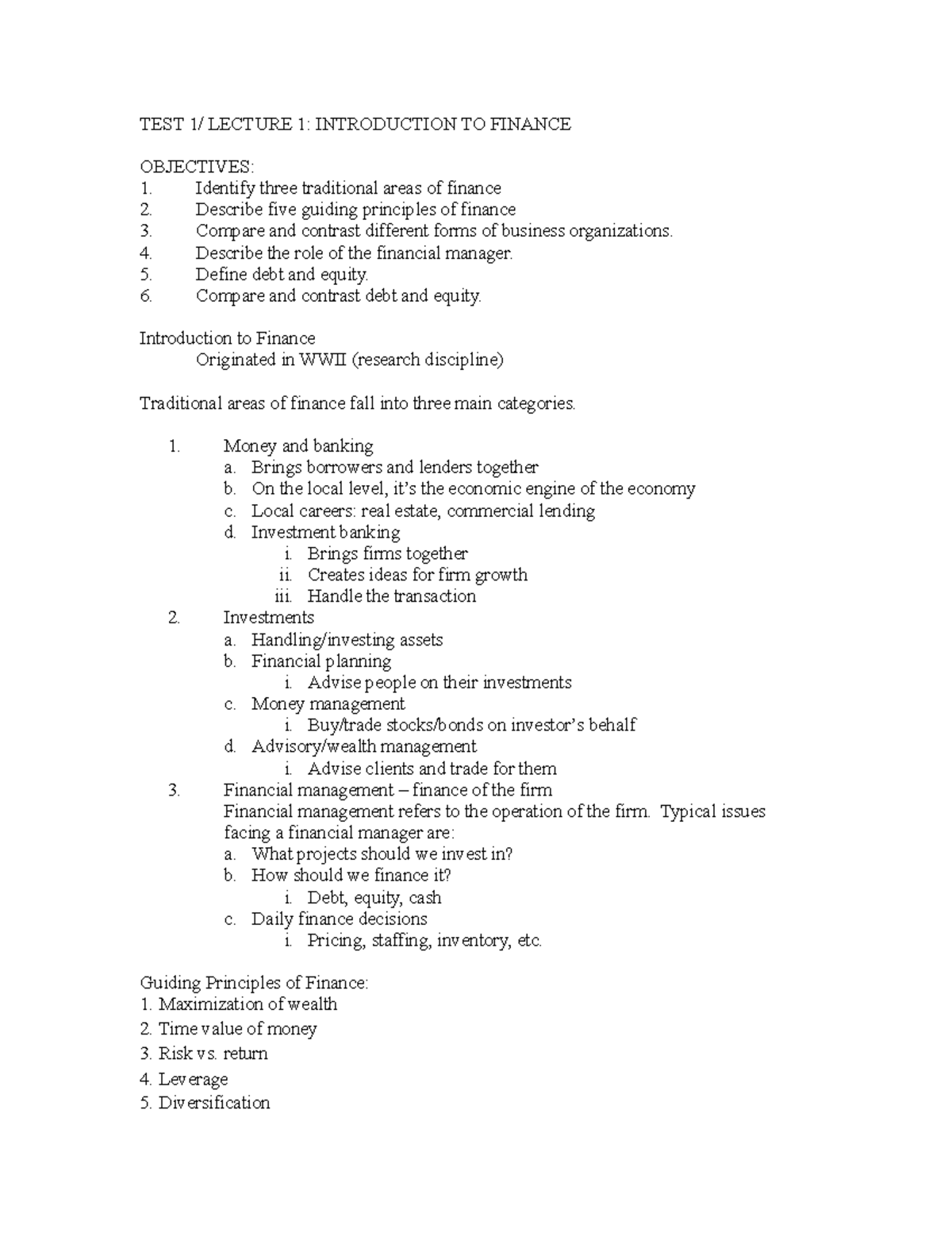 Intro to Finance 1 - TEST LECTURE 1: INTRODUCTION TO FINANCE OBJECTIVES ...