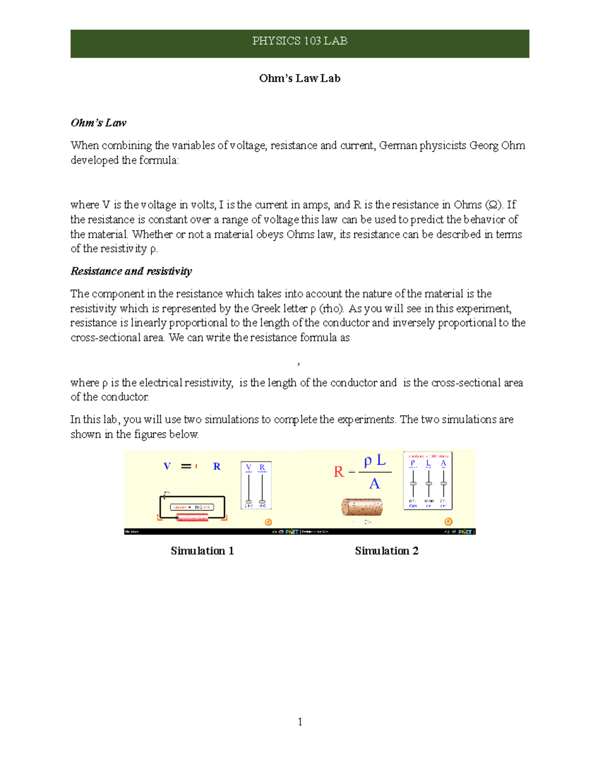 Ohms Law And Resistance Virtual Lab PHET - Ohm’s Law Lab Ohm’s Law When ...