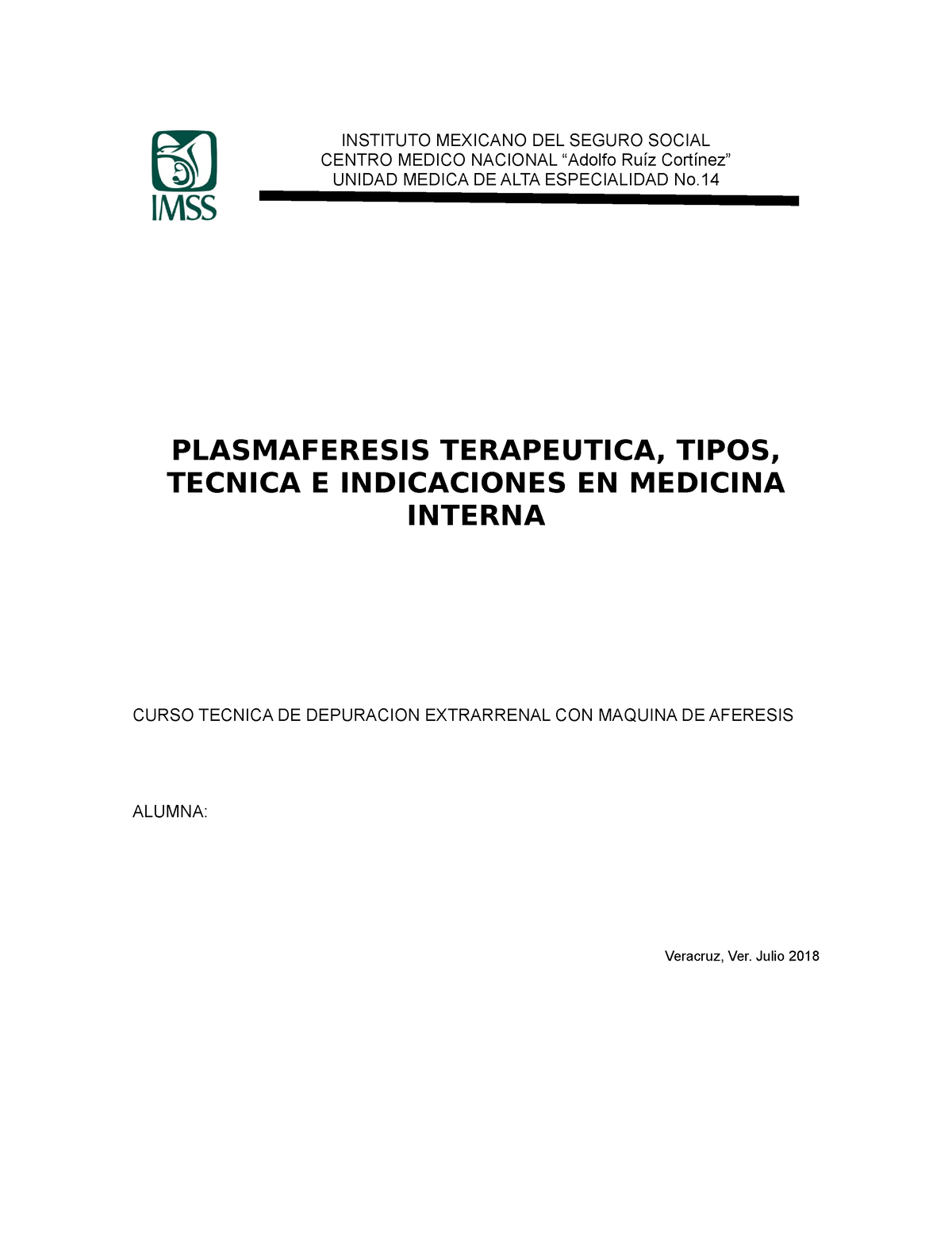 Ensayo Plasmaferesis Terapeutica - INSTITUTO MEXICANO DEL SEGURO SOCIAL ...