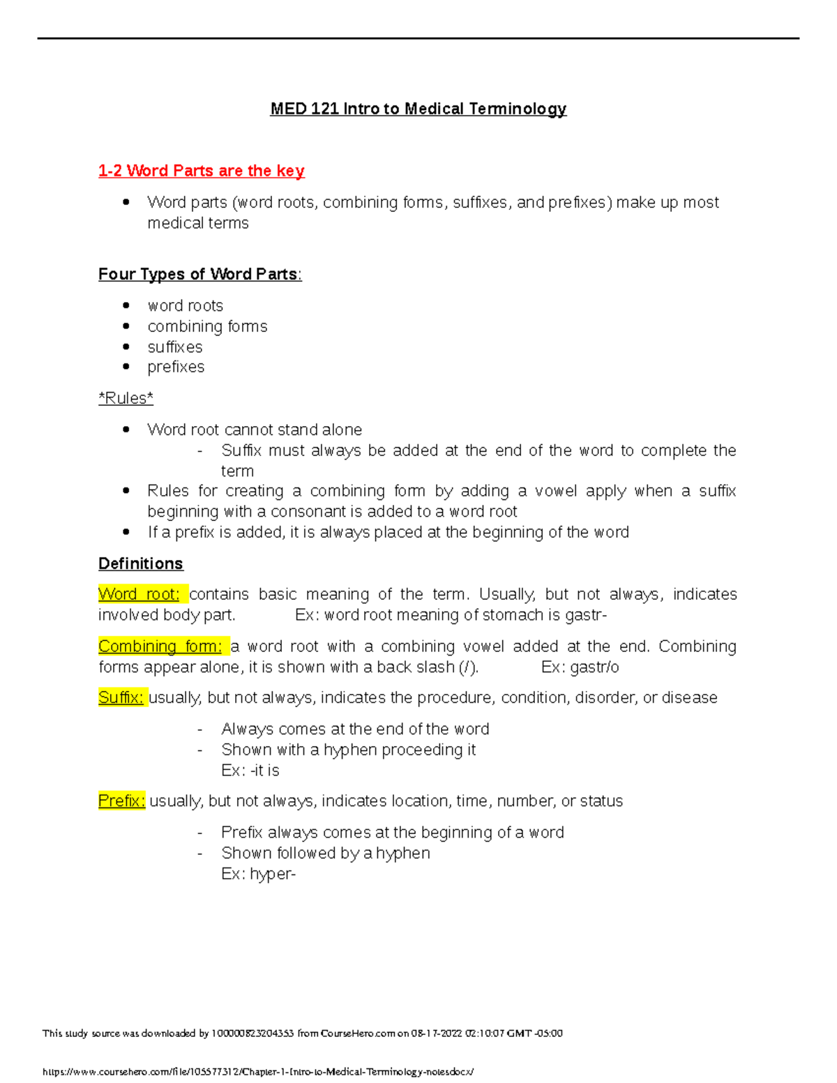 assignment 1.1 word structure of medical terminology